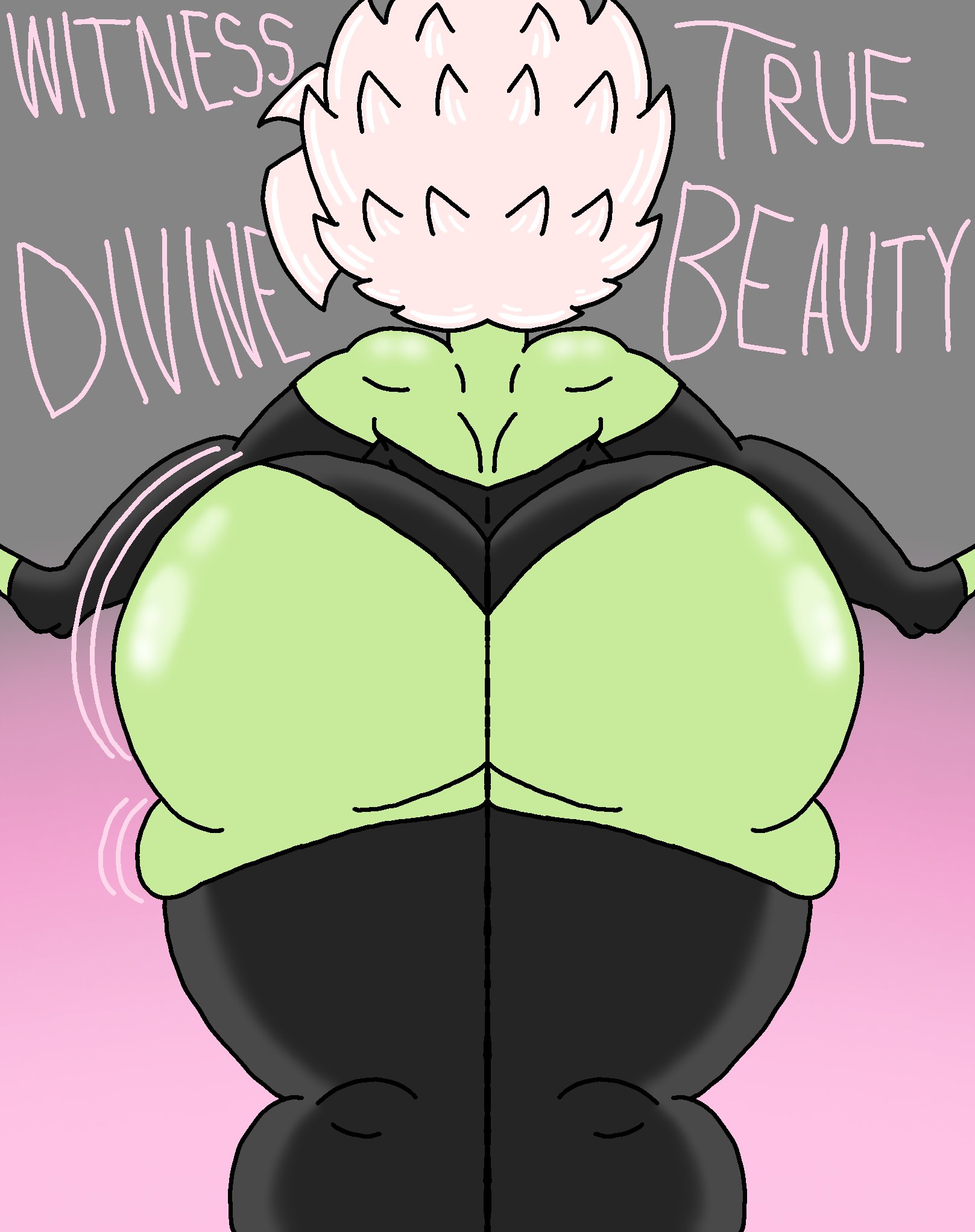 1girls, ass, back view, big ass, bubble ass, bubble butt, divine ass, dragon ball, dragon ball super, enormous ass, fat ass, female, female only, female zamasu, fused zamasu, giant ass, gigantic ass, green skin, large ass, leotard, locksussybaka, rule 63, stockings, super saiyan rose, text, white hair, wiggle lines, zamasu