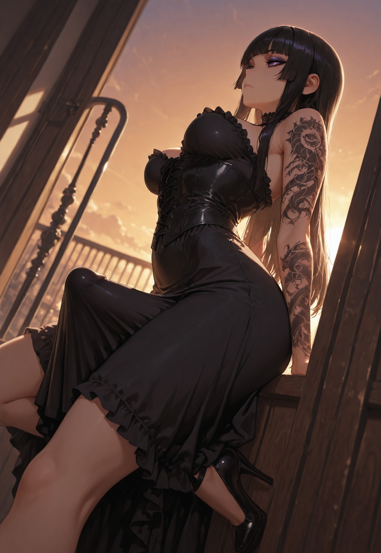 1futa, ai generated, arched back, balls, big penis, black dress, black hair, breasts, dress, erection, erection under clothes, female, from below, futa only, futanari, goth, goth futa, goth girl (jamesbron), high heels, intersex, jamesbron, large penis, long hair, looking away, low-angle view, medium breasts, penis, penis bulge, penis under dress, purple eyes, solo, solo futa, standing, tattoo, tenting, wide hips