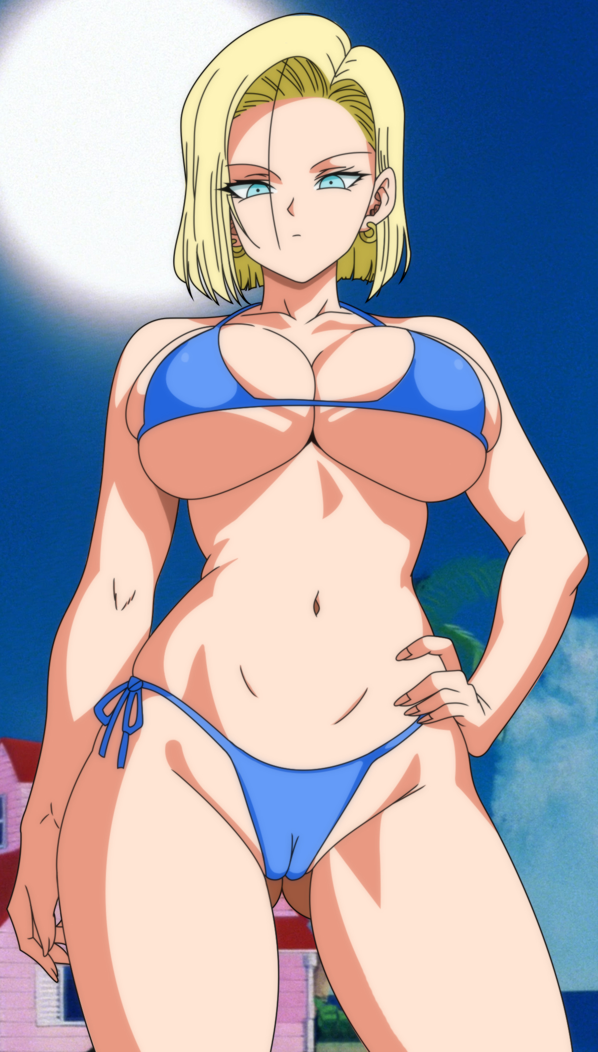 android 18, blonde hair, blue eyes, breasts, cameltoe, dragon ball, dragon ball z, female, highres, kame house, large breasts, looking at viewer, outdoors, pussy, solo, sun, swimsuit, tagme, thick thighs, thighs, third-party edit, water