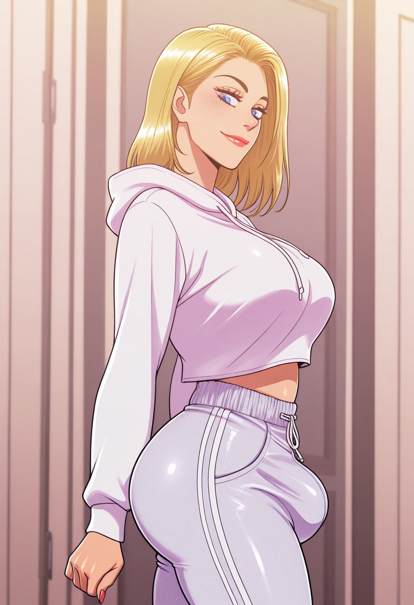 1futa, 2d, ai generated, blonde futa, blonde hair, blondshell, blue eyes, breasts, civitai, cropped hoodie, erection, futa only, futanari, high waisted pants, hoodie, intersex, large breasts, light skin, light-skinned futa, medium hair, sweatpants, track pants, white hoodie, white sweatpants, white track pants