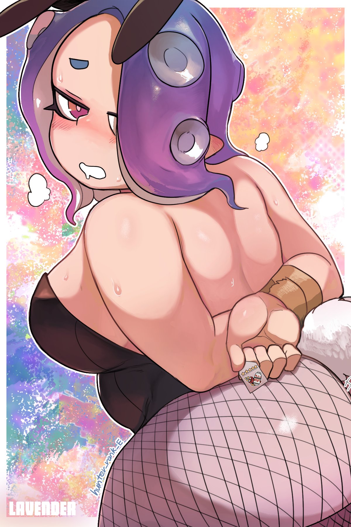 animal ears, arms behind back, ass, back, big ass, bondage, borrowed character, bound, bound wrists, breasts, chubby, chubby female, curvy, female, fishnet pantyhose, fishnets, hair over one eye, highres, hunter rank e, large breasts, lavender (naito gambo), leotard, nintendo, playboy bunny, plump, pointy ears, purple eyes, purple hair, rabbit ears, rabbit tail, splatoon, splatoon (series), tail, thick thighs