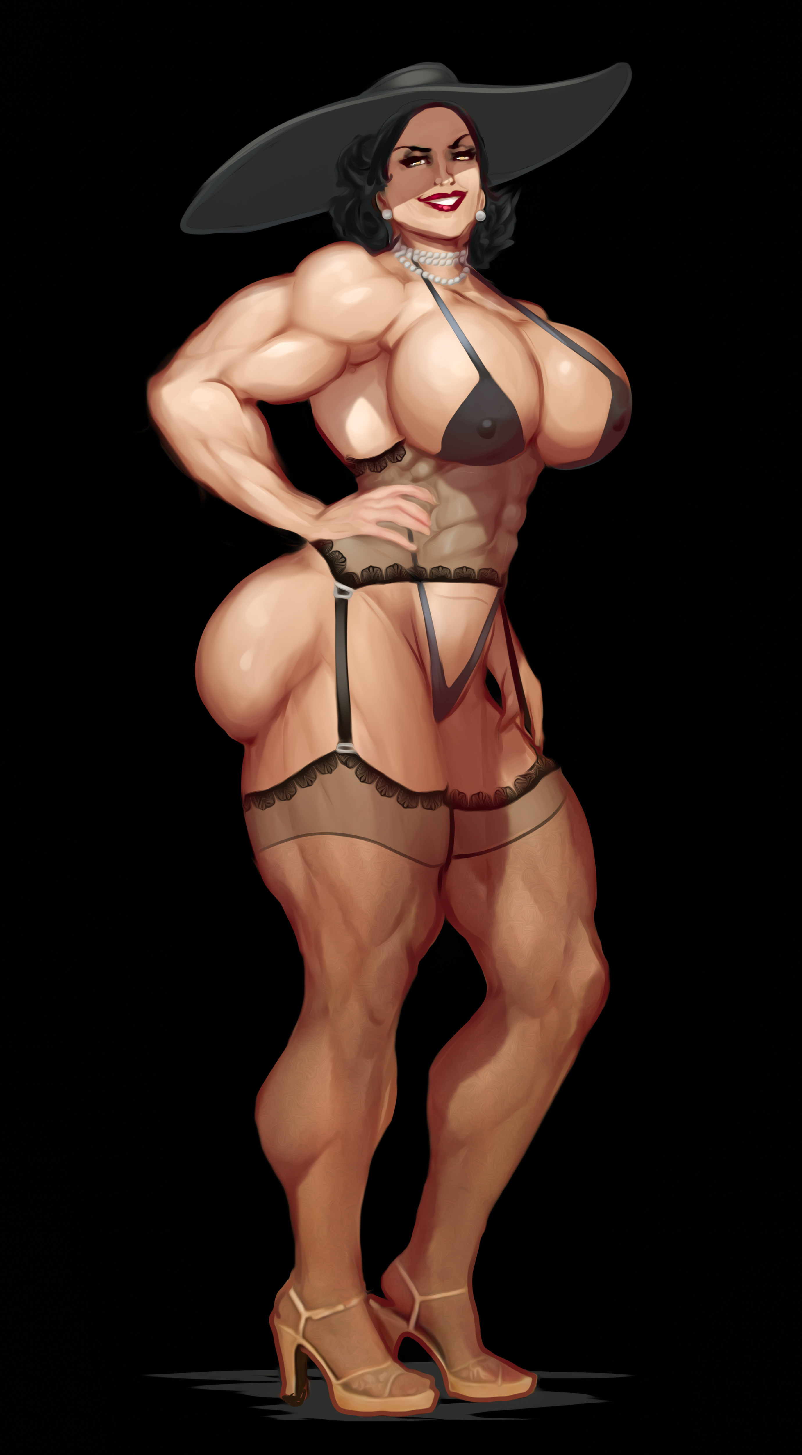 abs, alcina dimitrescu, ass, b9tribeca, biceps, black hair, breasts, female, hair, hat, lingerie, muscles, muscular, muscular arms, muscular female, muscular legs, muscular thighs, pecs, resident evil, resident evil 8: village, wide hips