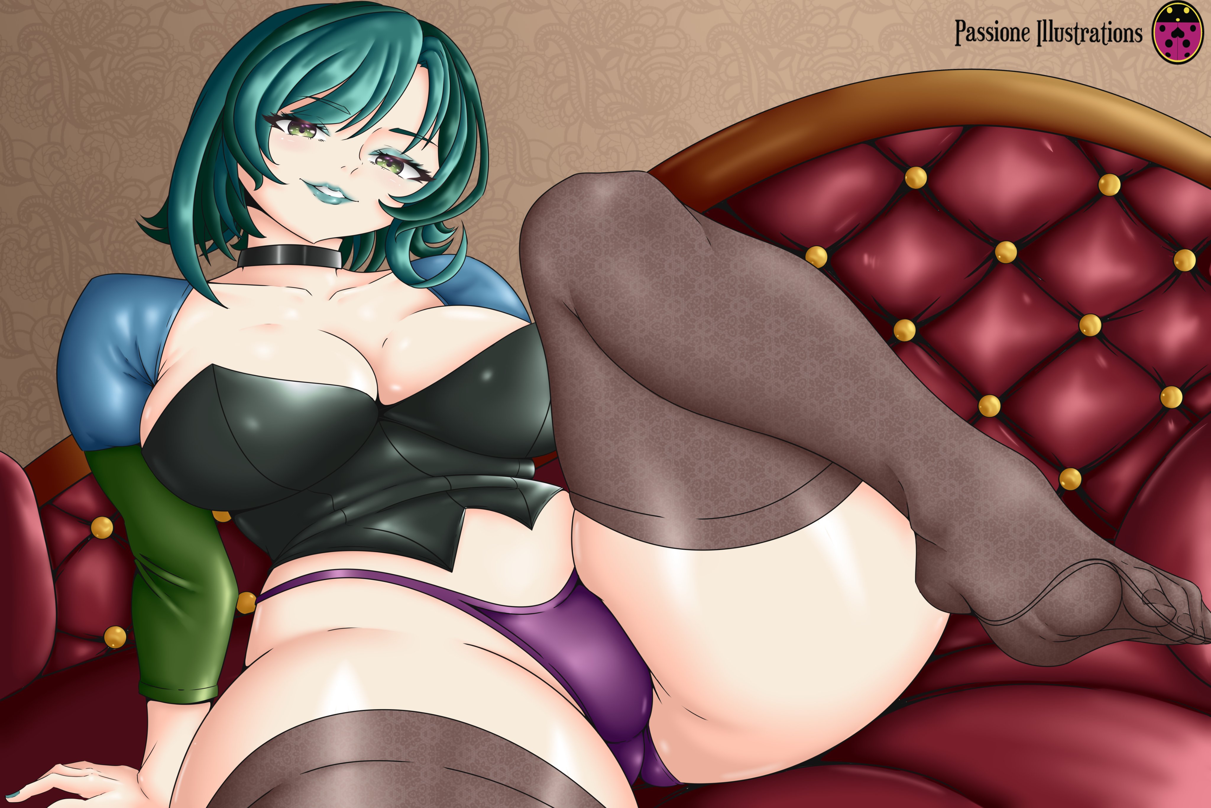 1girls, ass, big ass, big breasts, big butt, big thighs, blue hair, blue lipstick, breasts, cartoon network, corset, feet, female, female focus, female only, goth, goth girl, green eyes, green hair, green lipstick, gwen (tdi), huge thighs, lipstick, looking at viewer, makeup, pasioneillustrations, pose, posing, purple panties, smile, solo, solo female, sweat, thick, thick ass, thick legs, thick thighs, thighhighs, thighs, total drama island, two-tone hair