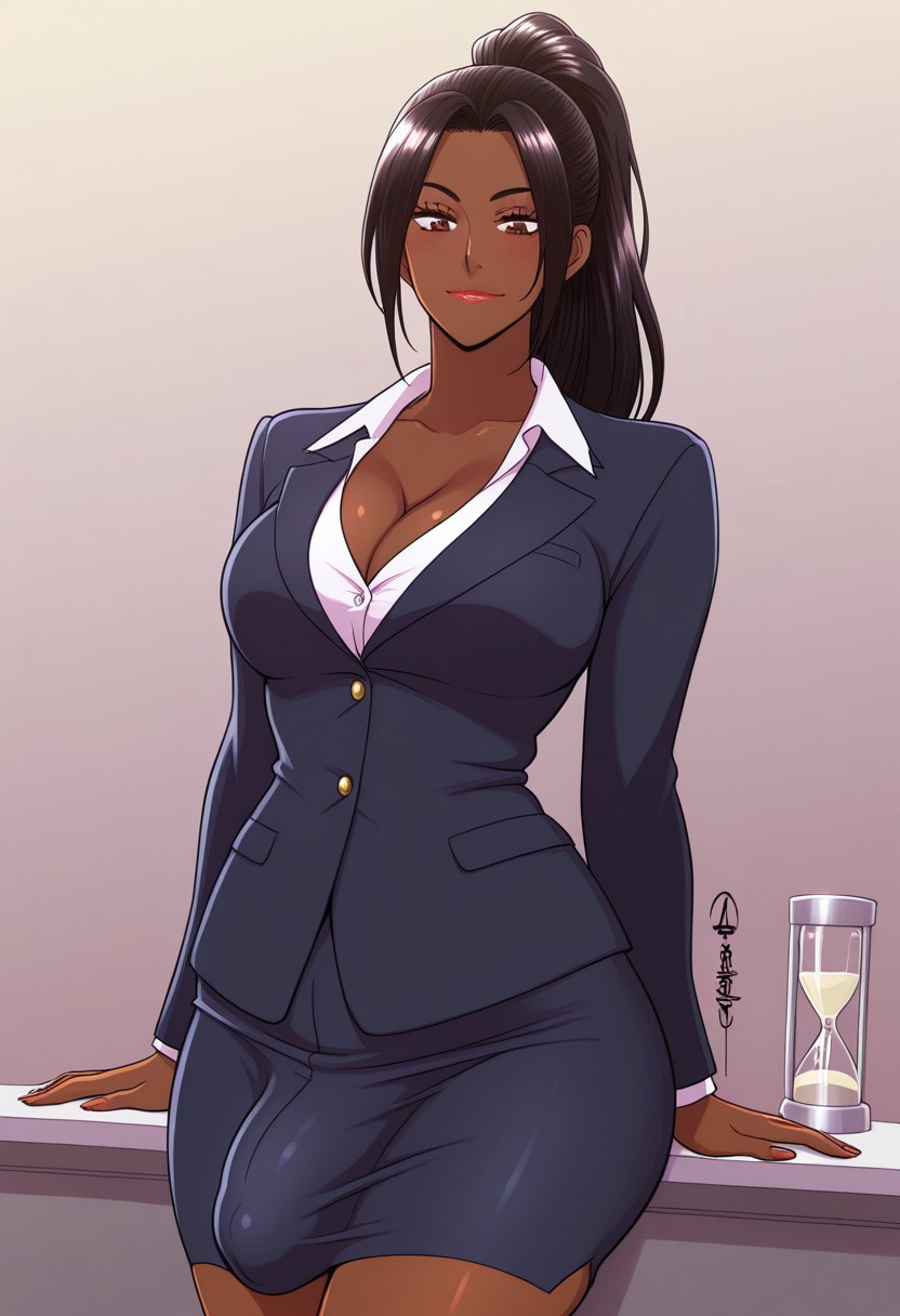 1futa 2d ai_generated anasheya_(style) black_hair blondshell brown_eyes bulge buttons civitai cleavage closed_mouth collared_shirt cowboy_shot cup dark-skinned_futanari dark_skin dress_shirt erection_under_clothes formal formal_wear futa_only futanari gradient_background intersex jacket long_hair miniskirt office_lady pencil_skirt penis shirt skirt skirt_suit solo standing suit teacher teacher_outfit