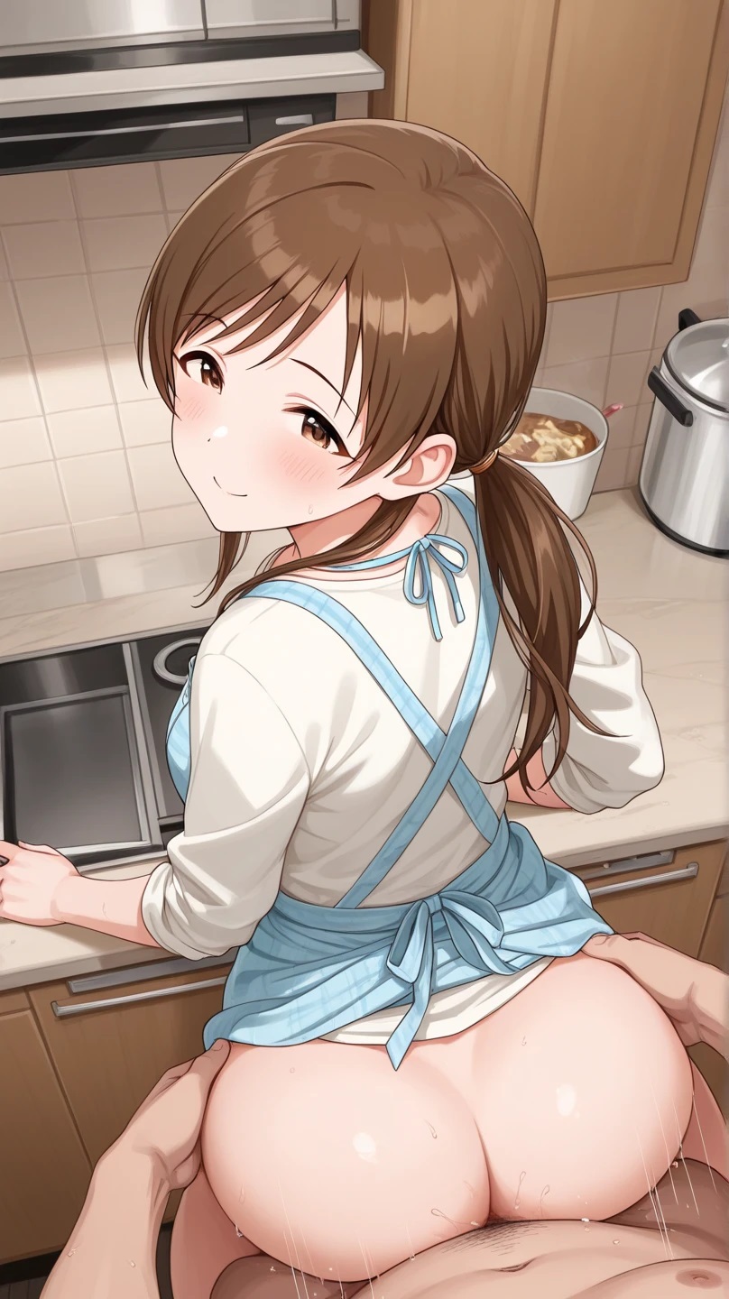 ai generated, ass, big ass, brother's girlfriend, brown hair, female, idolmaster, idolmaster cinderella girls, koihi, netorare, nitta minami, ponytail, pov, sex, sex in kitchen, smile