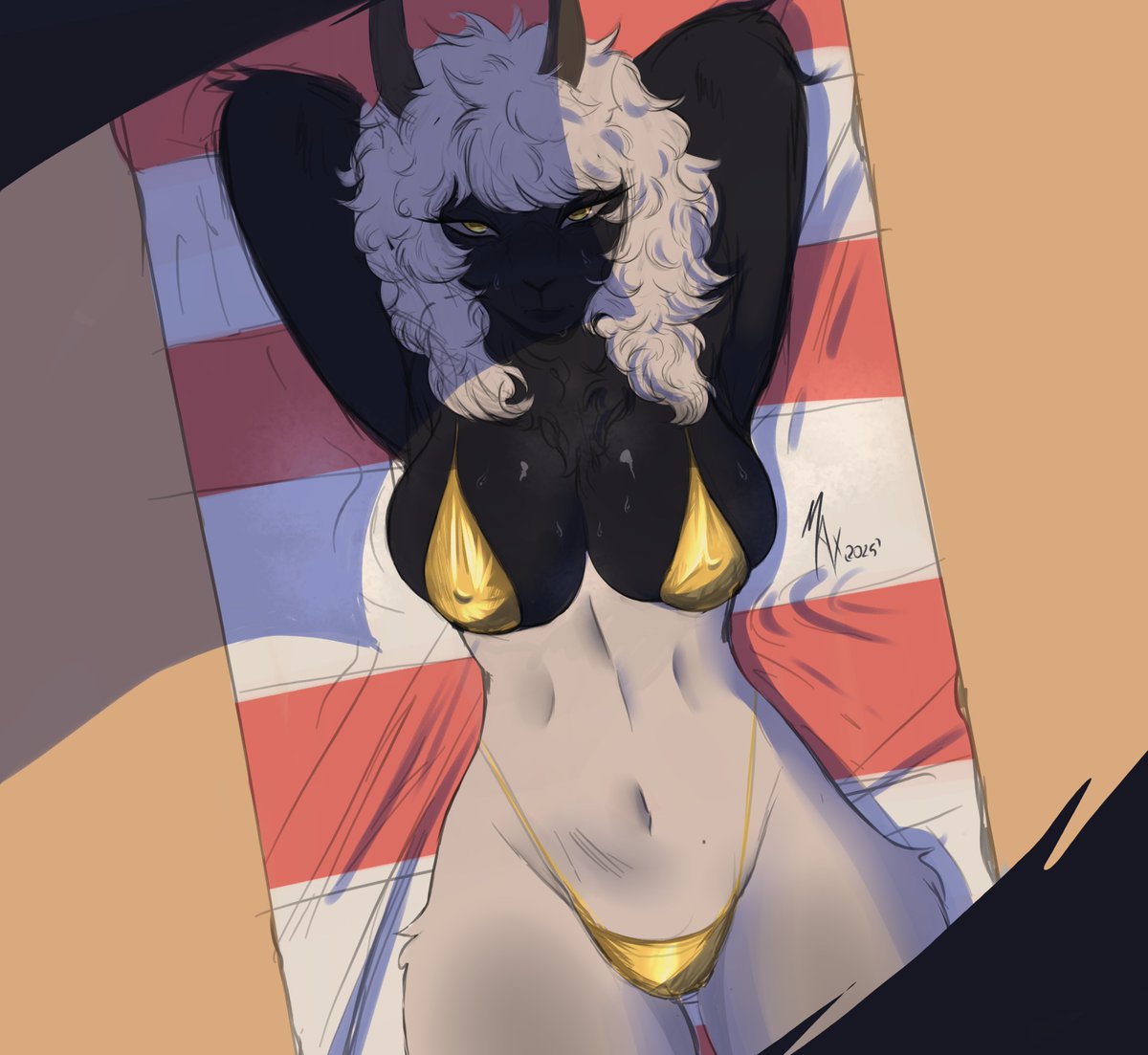 2025 anthro beatrice_(maxdodraws) big_breasts bikini bikini_bottom bikini_thong bikini_top black_body black_fur bovid breasts caprine clothed clothing ewe eyelashes female fur goat gold_bikini golden_week ground hands_behind_head horn looking_at_viewer lying mammal maxdodraws multicolored_body multicolored_fur navel nipple_outline nipples nipples_visible_through_clothing on_back on_ground on_towel sand sheep signature skimpy skimpy_swimwear solo swimwear towel two-piece_swimsuit two_tone_body two_tone_fur white_body white_fur white_hair yellow_eyes