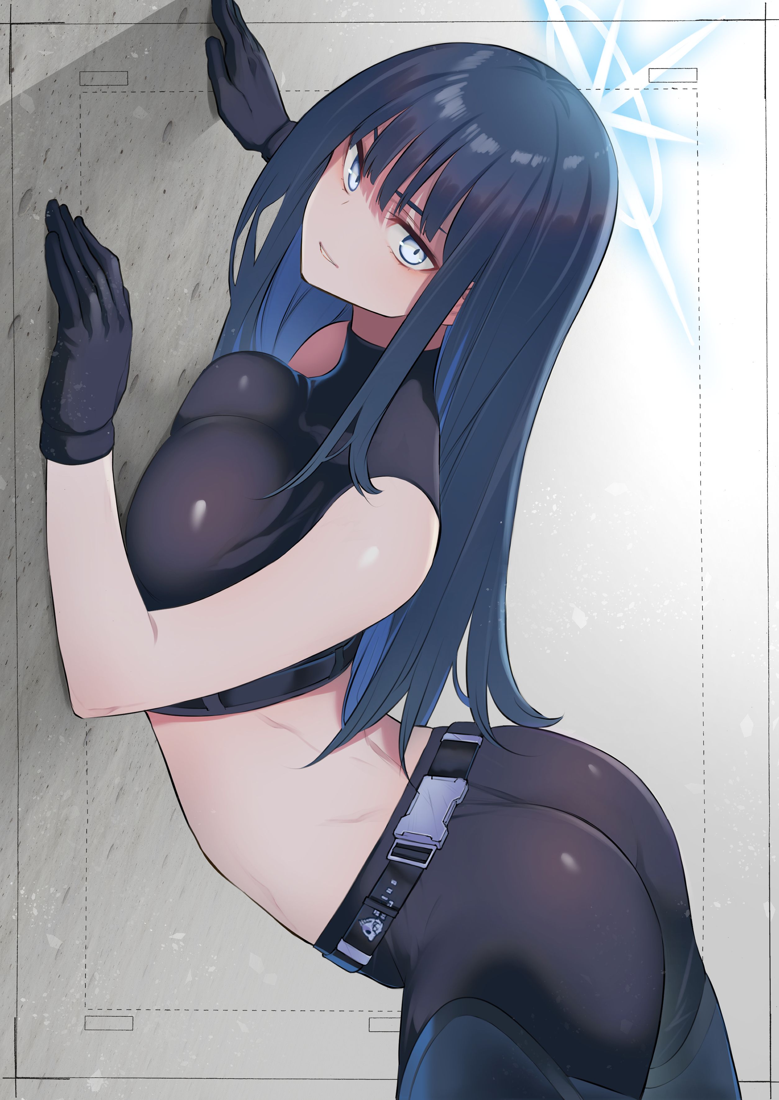 1girls, against wall, ass, back, bare shoulders, belt, big ass, big breasts, black belt, black gloves, black hair, black pants, black shirt, blue archive, blue eyes, breast press, breasts, buckle, busty, come hither, cowboy shot, crop top, female, female only, gloves, halo, hands up, highres, kojima takeshi, large breasts, legs, long hair, looking at viewer, midriff, naughty face, no mask, pants, parted lips, pose, posing, saori (blue archive), seductive, seductive look, seductive smile, sensual, sexy, sexy pose, shadow, shirt, sleeveless, sleeveless shirt, smile, snap-fit buckle, solo, standing, teeth, thighs, voluptuous