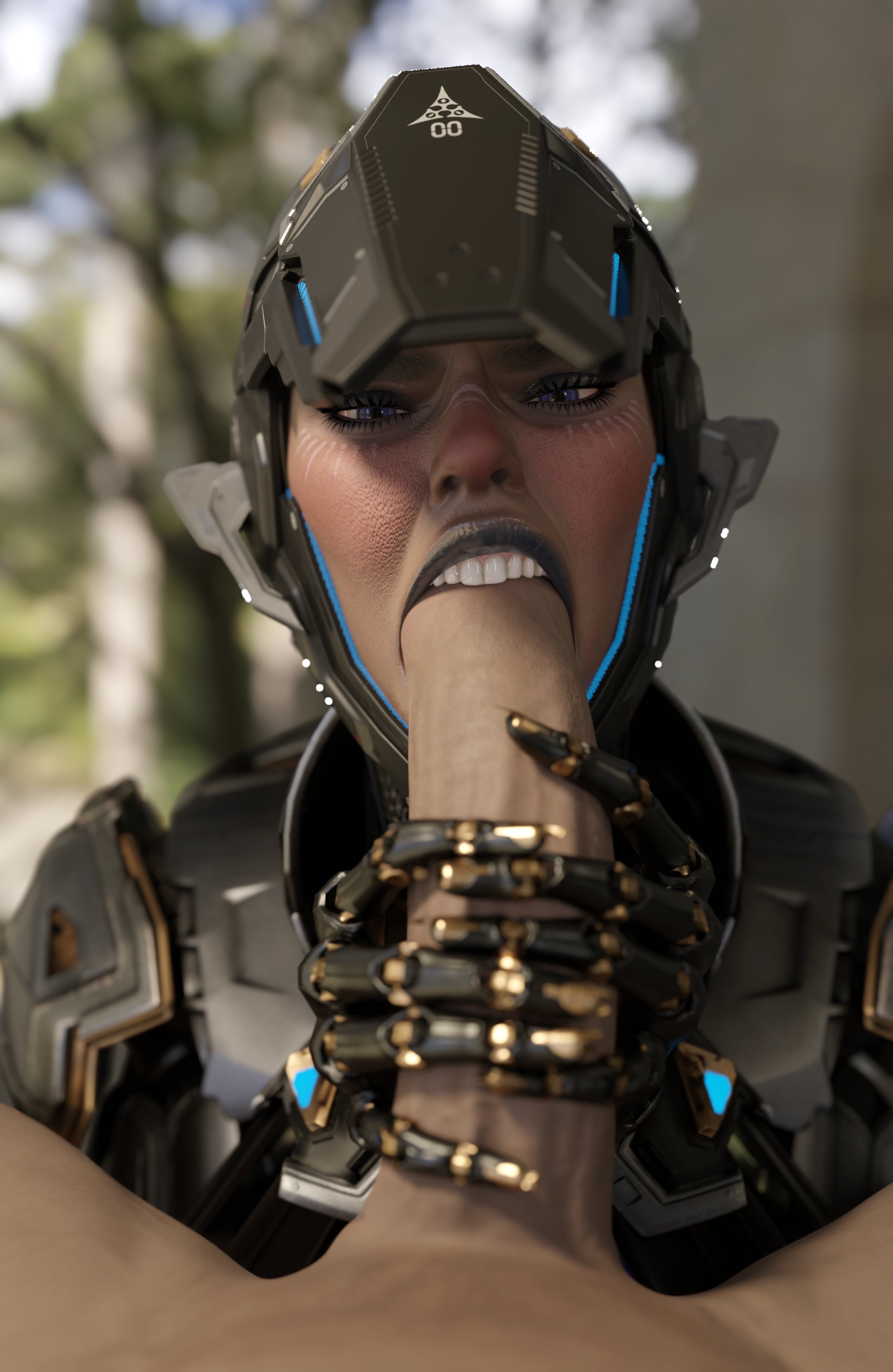 3d, biting penis, blowjob, emberstock, female, light skin, light-skinned female, light-skinned male, male, male pov, penis, sharen (the first descendant), teeth, teeth showing, the first descendant, toothy fellatio