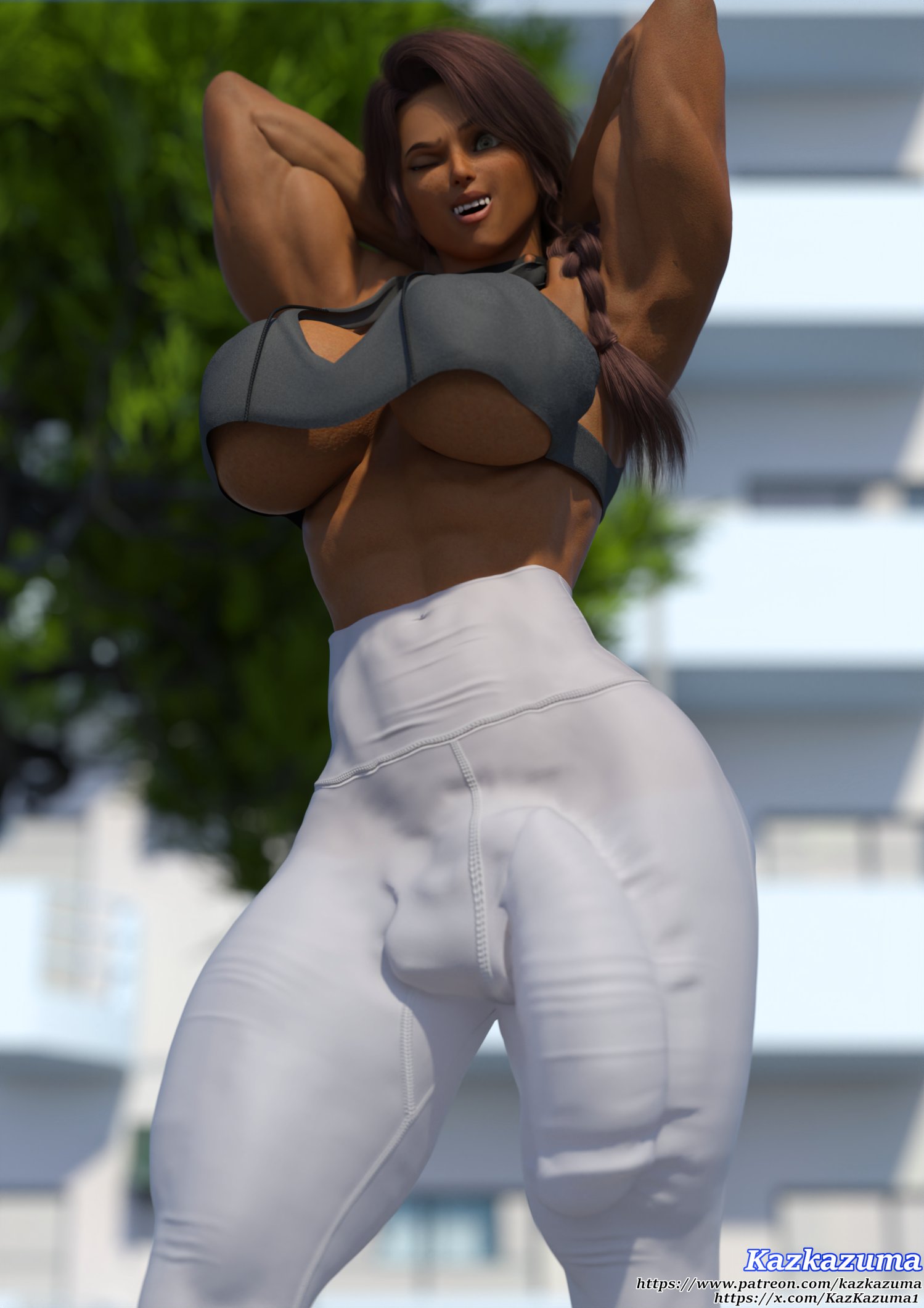 1futa, 3d, abs, absurdly large cock, ass, big ass, big breasts, big cock, big penis, breasts, bulge, bulge through clothing, cock, dark skin, dark-skinned futa, dick, enormous cock, enormous penis, fat cock, futa, futa cock, futa milf, futa mommy, futa only, futanari, gigantic cock, gigantic penis, hands behind head, huge breasts, huge cock, hung, hyper, hyper cock, hyper penis, impossible fit, intersex, kazkazuma, mature, mature body, mature figure, mature futa, milf, mommy, muscle mommy, muscles, muscular, muscular abs, muscular arms, muscular biceps, muscular futa, muscular futanari, muscular legs, muscular shoulders, muscular thighs, one eye closed, original character, penis, penis outline, rare, solo, solo futa, thick, thick ass, thick thighs, thighs, underboob, veins, veiny, veiny penis, very fat penis, voluptuous, voluptuous futanari, wide hips, wink
