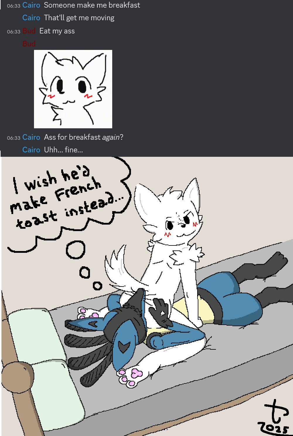 2025 4_fingers ambiguous_gender anal anthro arm_tuft ass bed black_body black_eyes black_fur black_nose blue_body blue_fur blush boy_kisser_(meme) butt_grab canid canine carnaltwin chat cheek_tuft discord_(app) duo english_text facesitting facial_tuft feet felid feline felis fingers fur furniture generation_4_pokemon hand_on_butt hand_on_leg hand_on_thigh head_tuft hi_res hindpaw inner_monologue kneeling_on_bed looking_back lucario lying mammal meme mouth_closed multicolored_body multicolored_fur nintendo nude on_back operario_juniors oral pawpads paws pillow pointy_ears pokemon pokemon_(species) prick_ears raised_tail rimming sex shoulder_tuft silly_cat_(mauzymice) simple_background sitting_on_another smile smiling_at_another snout spikes spikes_(anatomy) tail tan_body tan_fur text thinking thought_bubble timestamp toes tuft watermark whiskers white_body white_fur