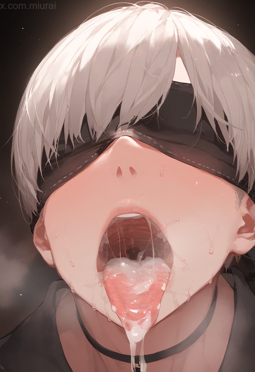 1boy 9s after_fellatio ai_generated black_blindfold black_choker blindfold blush choker covered_eyes cum cum_in_mouth cum_on_tongue facing_viewer femboy lips male male_focus mur_ai_nsfw nier:_automata open_mouth portrait saliva short_hair solo stray_pubic_hair sweat teeth tongue tongue_out uvula white_hair