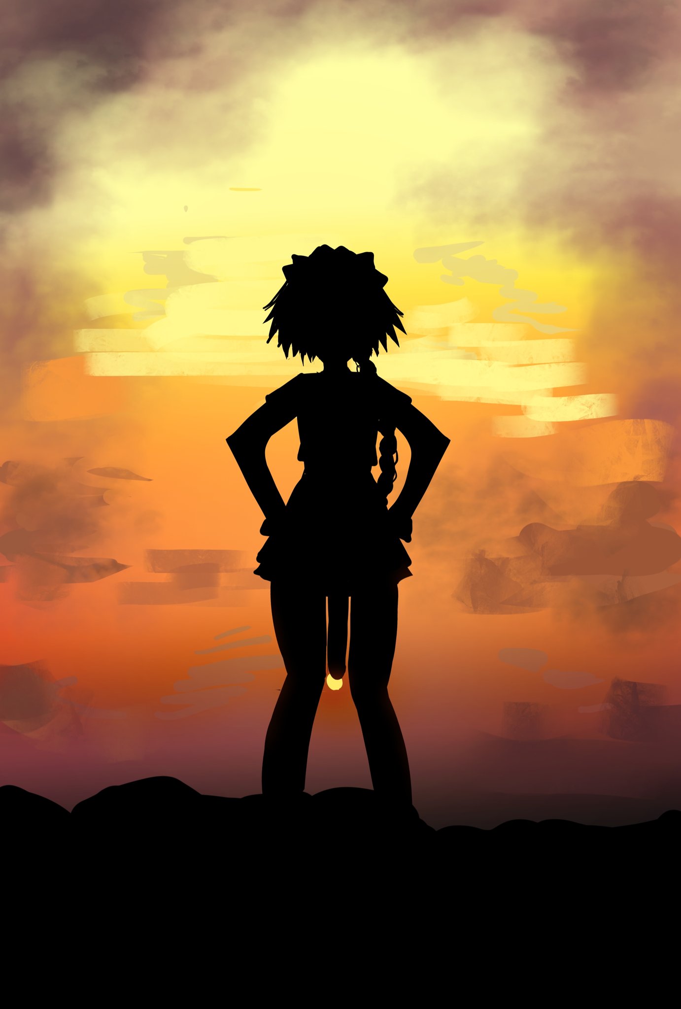1boy alaniz_(lafertealanis) astolfo_(fate) braid evening fate_(series) highres huge_cock long_hair male male_focus outdoors penis silhouette single_braid solo standing sun sunset