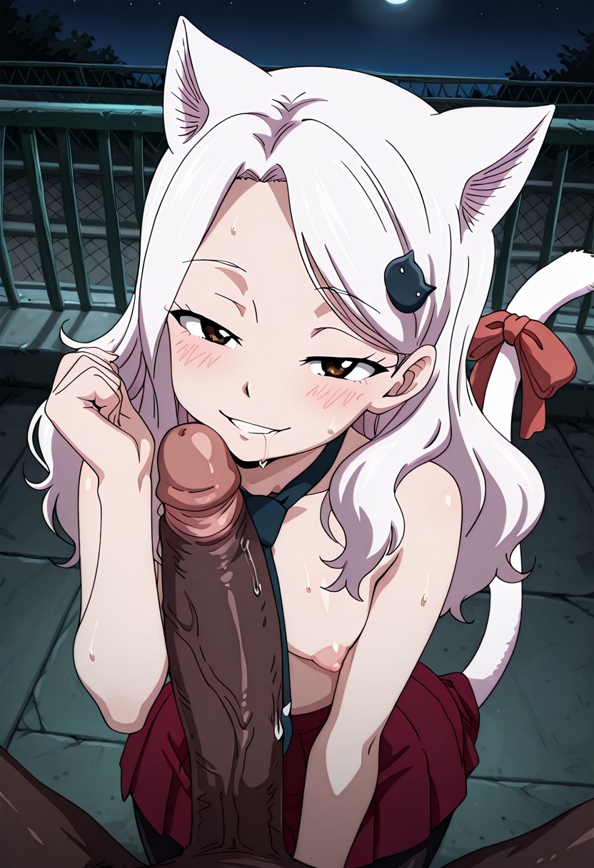 ai generated, akaz123, animal humanoid, carla (fairy tail), cat ears, cat tail, charle (fairy tail), dark skin, dark-skinned male, drooling, fairy tail, female, forearm cock, horny female, interracial, looking at viewer, male, penis, penis awe, penis measuring, seductive eyes, seductive look, seductive smile, steaming body, sweating