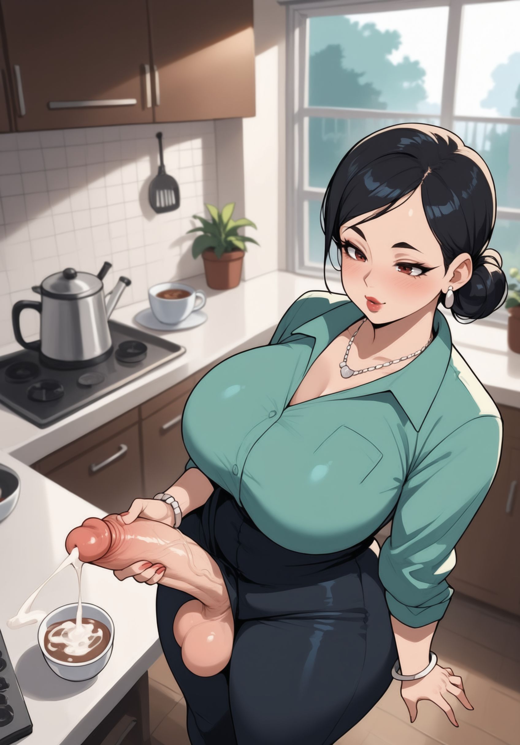 1futa, 1milf, ai generated, balls, big breasts, breasts, coffee, cum, cum in coffee, cum in cup, cumshot, debbie grayson, female, futa only, futanari, futaqueens, intersex, invincible, invincible (tv series), milf, no panties, short hair, solo, thick thighs, thighs, wide hips
