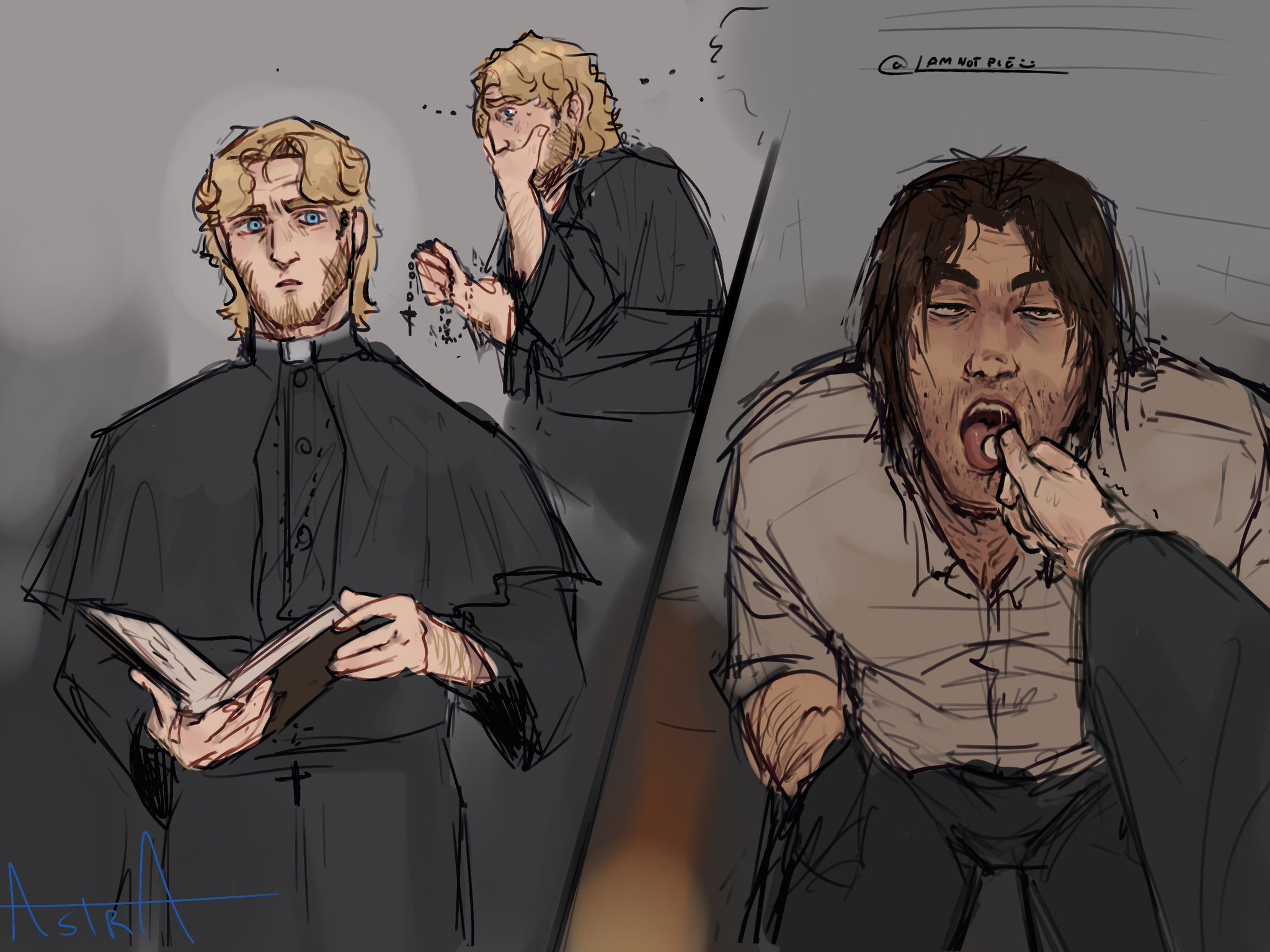 2boys, blonde-haired male, brown hair, covering mouth, curly (mouthwashing), fantasizing, gay, half-closed eyes, hands in pockets, jimmy (mouthwashing), kneeling on ground, lamnotpie, looking up, male, mouthwashing, open mouth, prayer beads, priest, religious clothing, thought bubble, tongue, tongue out, yaoi