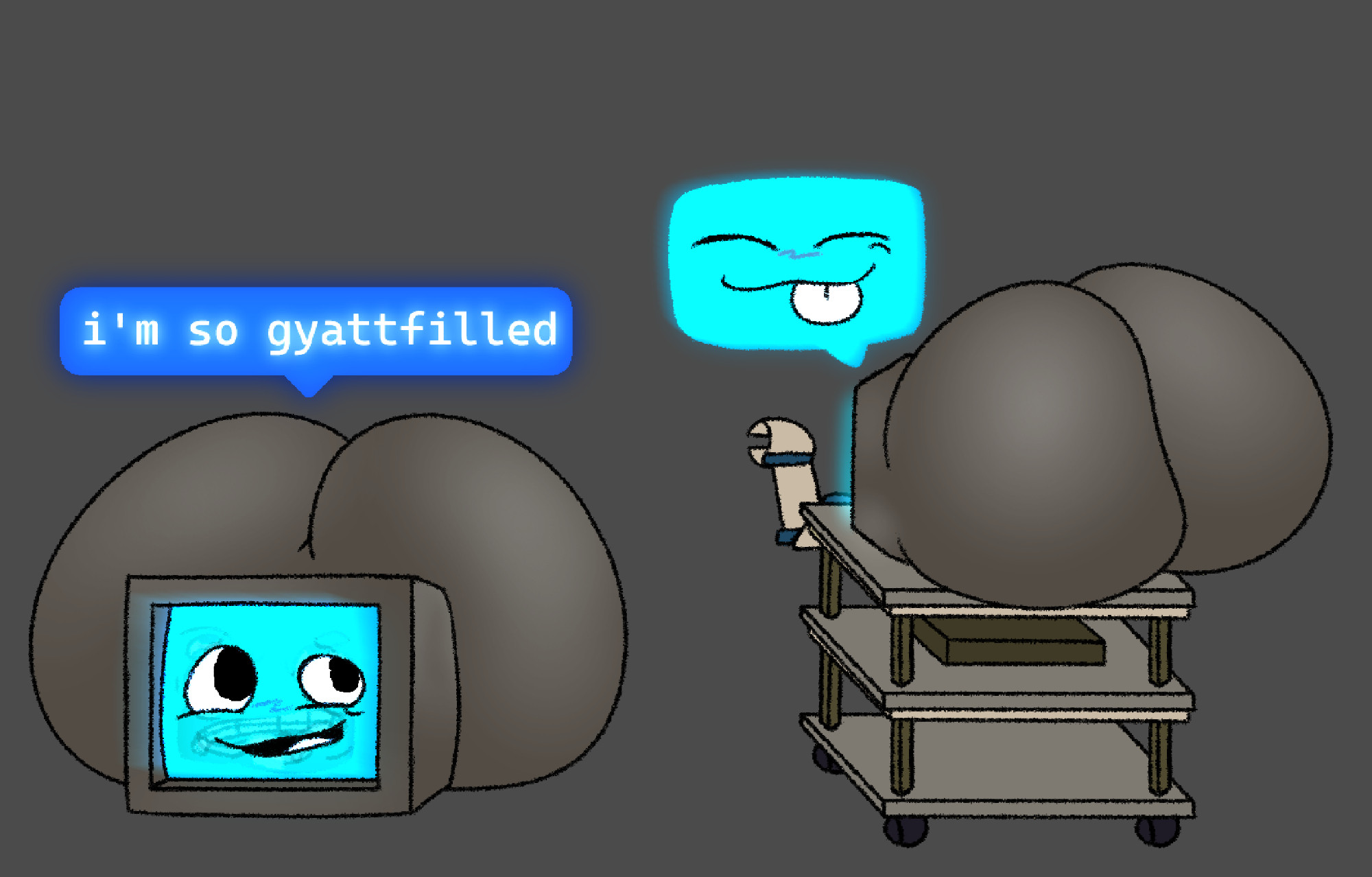 1girls, 2025, 2d, animate inanimate, ass, ass bigger than body, ass bigger than head, big ass, big butt, black eyes, blue screen, blushing, bubble ass, bubble butt, caked up, female, female only, grey body, huge ass, huge butt, hyper, hyper ass, hyper butt, large ass, large butt, lewdyoshyboy, no humans, no sex, non-anthro, non-human, non-human only, regretevator, roblox, scag (regretevator), screen face, sticking out tongue, tagme, television, television screen, thick thighs, thighs, tongue, trans woman, tv, tv screen, waddling head, wide hips, woman