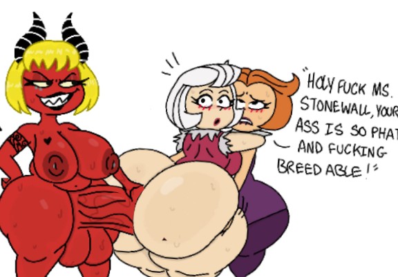 1futa, 2girls, amateur artist, anal, big ass, big breasts, black hair, blonde hair, breasts, crossover, demon girl, female, futa on female, futanari, helluva boss, horns, intersex, jane jetson, judy jetson, mother and daughter, red hair, red skin, redhead female, tail, the jetsons, theslashfive, white hair