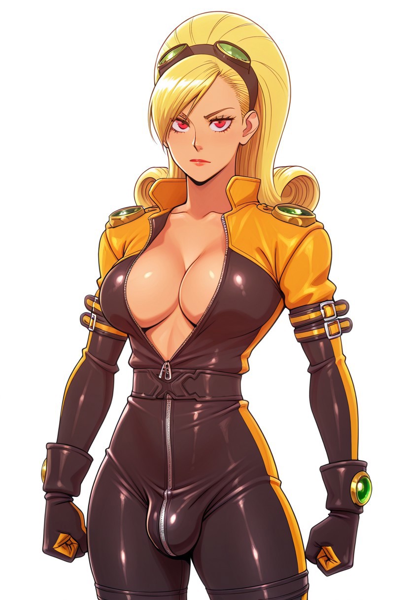 1futa 2d ai_generated anasheya_(style) belt black_gloves blonde_futa blonde_hair bodysuit center_opening civitai cowboy_shot futa_only futanari goggles_on_head king_of_fighters king_of_fighters_maximum_impact lien_neville light-skinned_futanari light_skin looking_at_viewer red_eyes simple_background solo unzipped video_game_character video_game_franchise zipper