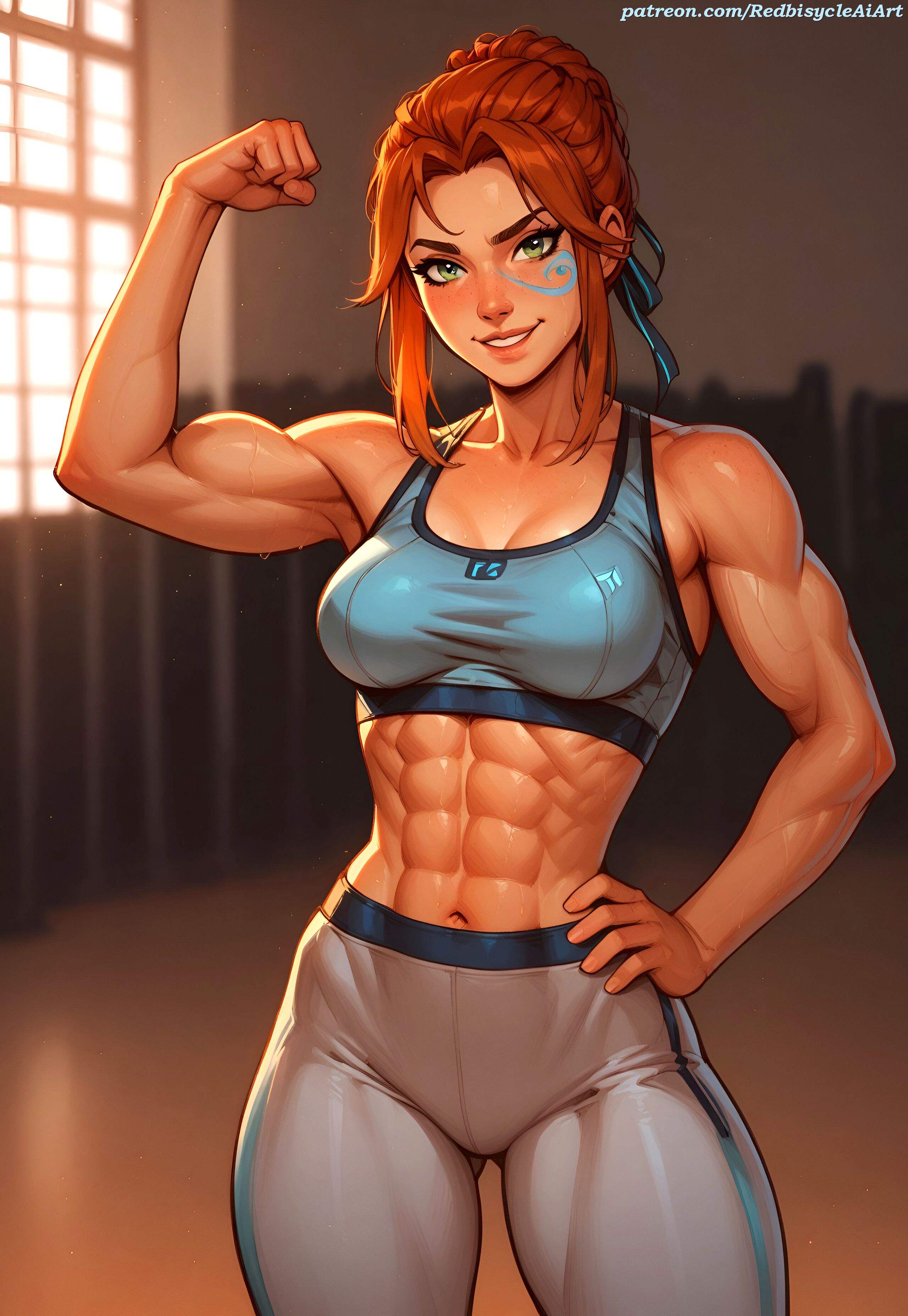 abs, ai generated, athletic female, belly button, breasts, face markings, face paint, female, female focus, female only, fit, fit female, flexing, flexing bicep, freja (overwatch), ginger, ginger hair, green eyes, gym clothes, gym uniform, hand on hip, leggings, looking at viewer, medium hair, muscular, muscular abdomen, muscular abs, muscular arms, muscular female, muscular thighs, navel, overwatch, overwatch 2, pussy, pussy bulge, pussy outline, redbisycle, smile, sports bra, sportswear, sweat, sweaty, sweaty body, toned, toned arms, toned belly, toned body, toned female, toned legs, toned stomach, yoga pants