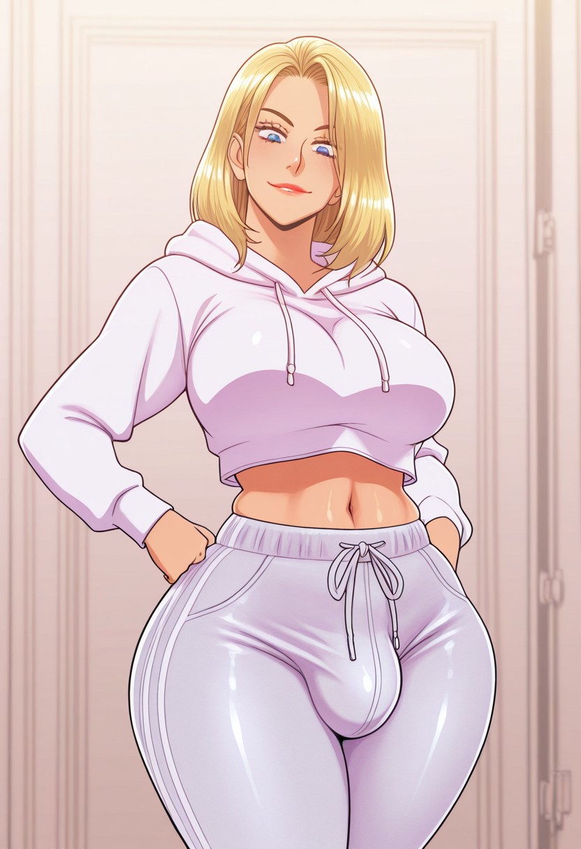 1futa, ai generated, blonde futa, blonde hair, blondshell, blue eyes, breasts, civitai, cropped hoodie, futa only, futanari, hands on hips, intersex, large breasts, light skin, light-skinned futa, lips, looking at viewer, mature, mature futa, medium hair, midriff, navel, solo, standing, sweatpants, track pants, white hoodie