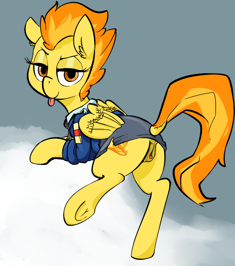 2014 ass equine female feral flight_jacket friendship_is_magic fur hair looking_at_viewer mammal mcsweezy my_little_pony orange_hair pegasus pussy solo spitfire_(mlp) tongue tongue_out two_tone_hair wings wonderbolts_(mlp) yellow_fur