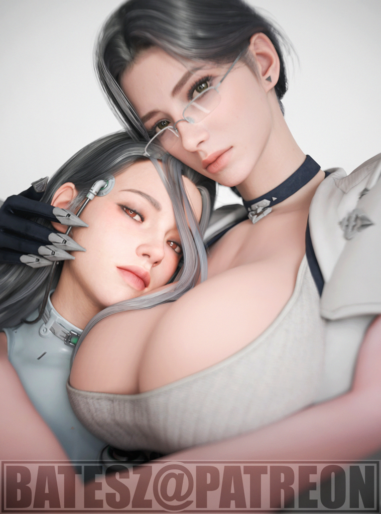 2girls 3d batesz big_breasts black_hair bonding breasts_bigger_than_head brown_eyes bust busty busty_female choker clawed_fingers cleavage cleavage_overflow clothed cute daughter dia_elias_(the_first_descendant) ear_piercing earrings glasses gley_(the_first_descendant) grey_eyes grey_hair huge_breasts hugging jacket light-skinned_female looking_at_viewer milf mother mother_and_daughter no_makeup pale-skinned_female pale_skin the_first_descendant