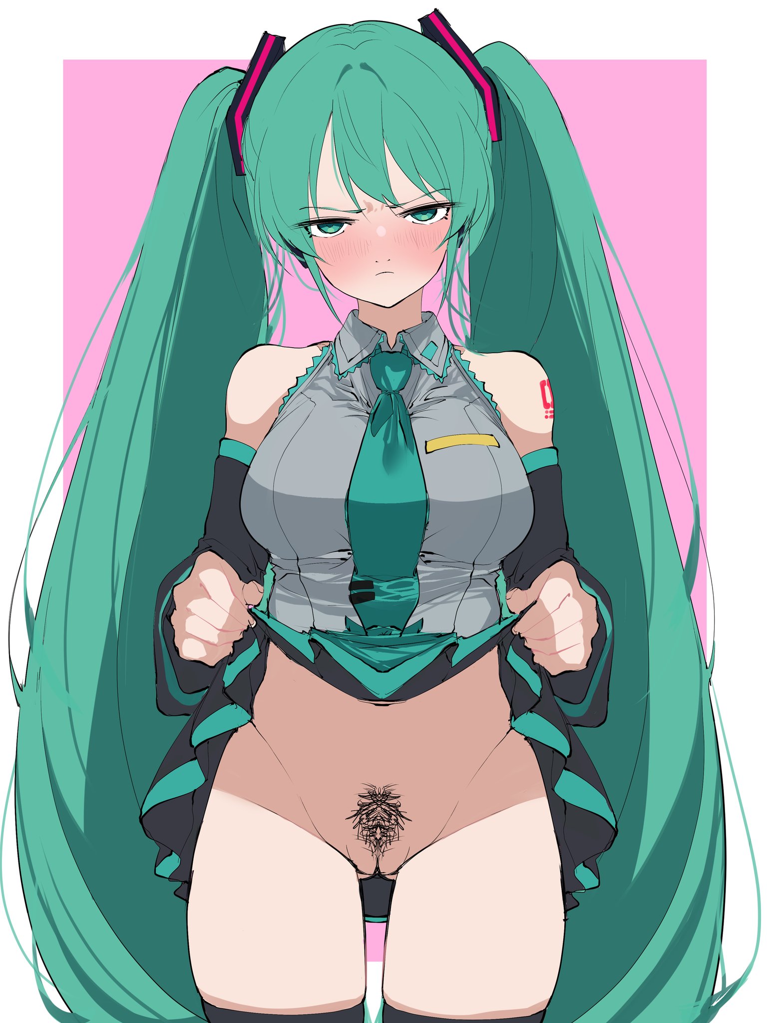 1girl, 1girls, 2025, angry, annoyed, aqua eyes, aqua hair, ass visible through thighs, bare shoulders, black thighhighs, blush, breasts, clothes lift, detached sleeves, embarrassed, female, female pubic hair, glaring, green eyes, green hair, hatsune miku, large breasts, lifted by self, long hair, looking at viewer, necktie, no panties, pink background, poi y2, pout, pubic hair, pussy, scowl, shirt, simple background, skirt, skirt lift, sleeveless, solo, standing, tagme, tattoo, tattooed arm, teal eyes, teal hair, thighhighs, thighs, twintails, uncensored, very long hair, vocaloid
