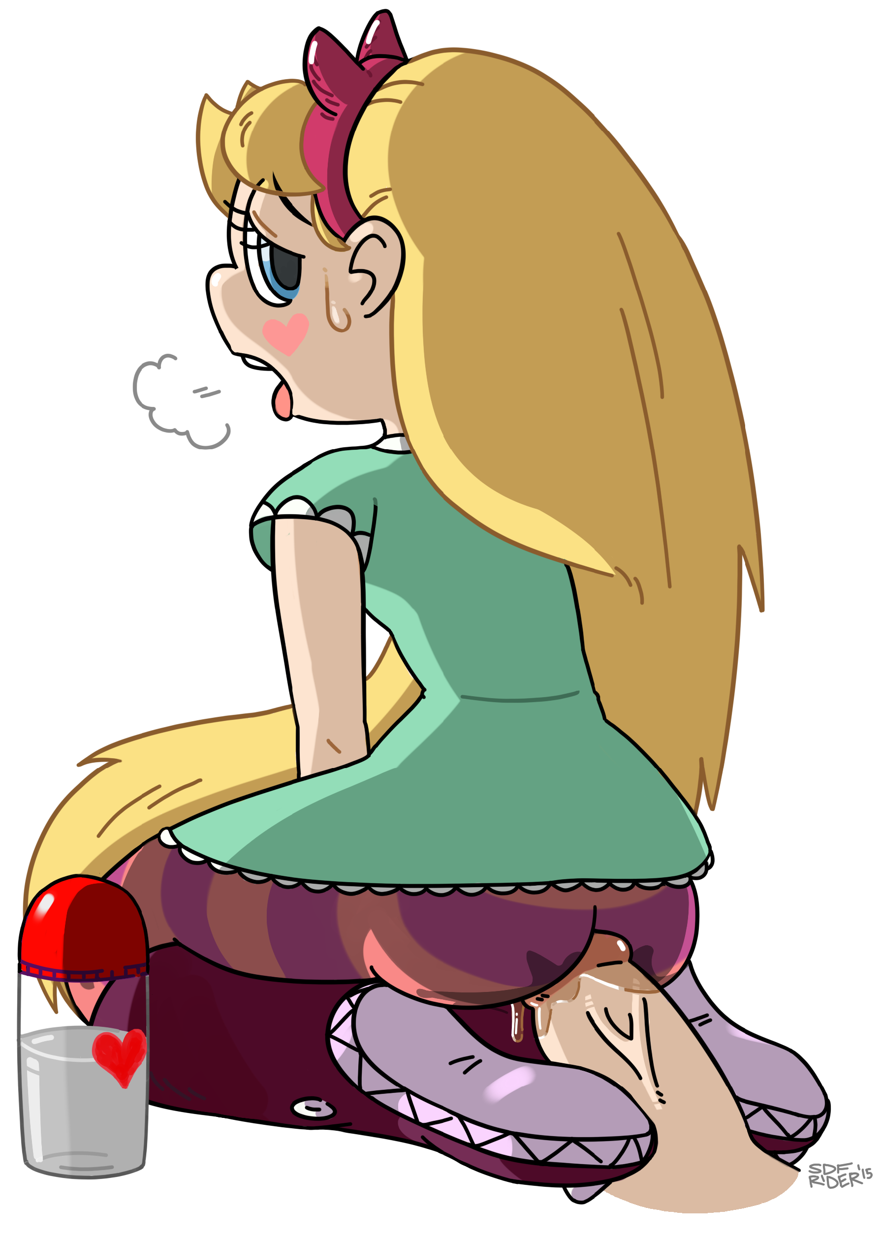 1boy, 1girls, ass, big penis, blonde, blonde female, blonde hair, blue eyes, bottle, clothed female, disney, disney channel, disney xd, female, light skin, long hair, looking back, male, mewman, penis, pussy, pussy juice, sdf-rider, star butterfly, star vs the forces of evil, striped legwear, sweat, tongue, tongue out, unseen male face, white female