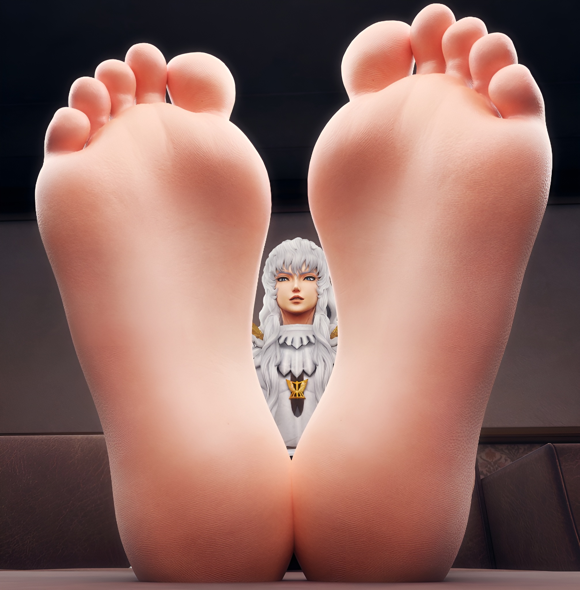 barefoot, berserk, breasts, clothed, feet, feet focus, feet together, feminine male, foot fetish, foot focus, giant breasts, griffith, griffith (berserk), long hair, male, male only, mrgtsfloop, soles, soles fetish, toes, white hair, white skinned male
