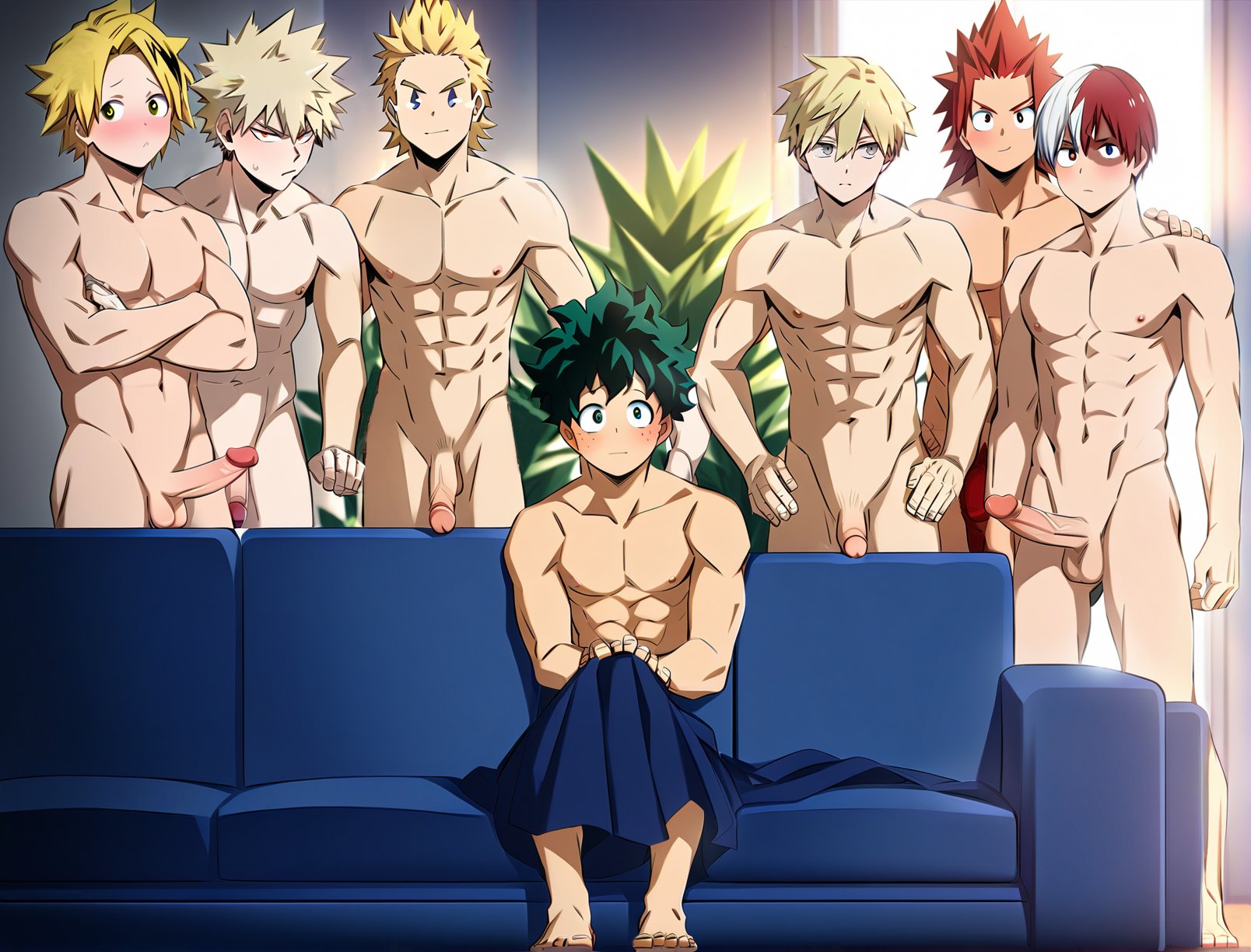 7boys, ai generated, denki kaminari, eijirou kirishima, gay, imminent gangbang, imminent sex, izuku midoriya, katsuki bakugou, male, male only, mirio togata, my hero academia, neito monoma, piper perri surrounded, shouto todoroki
