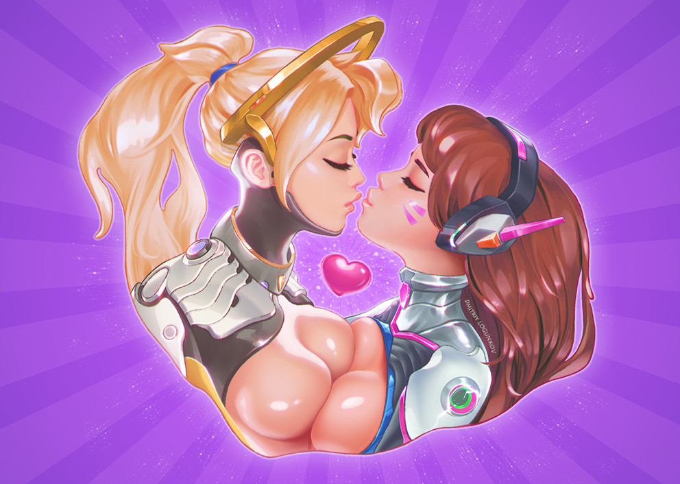 2girls, blonde hair, breast press, breasts, brown hair, closed eyes, d.va, female, headphones, heart, imminent kiss, logunkov, mercy, overwatch, yuri