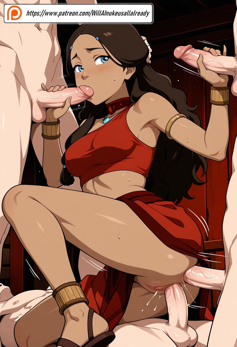 1girls, 4boys, ai generated, avatar legends, avatar the last airbender, fellatio, female, fire nation clothing, gangbang, handjob, katara, male, sex, willainukeusallalready