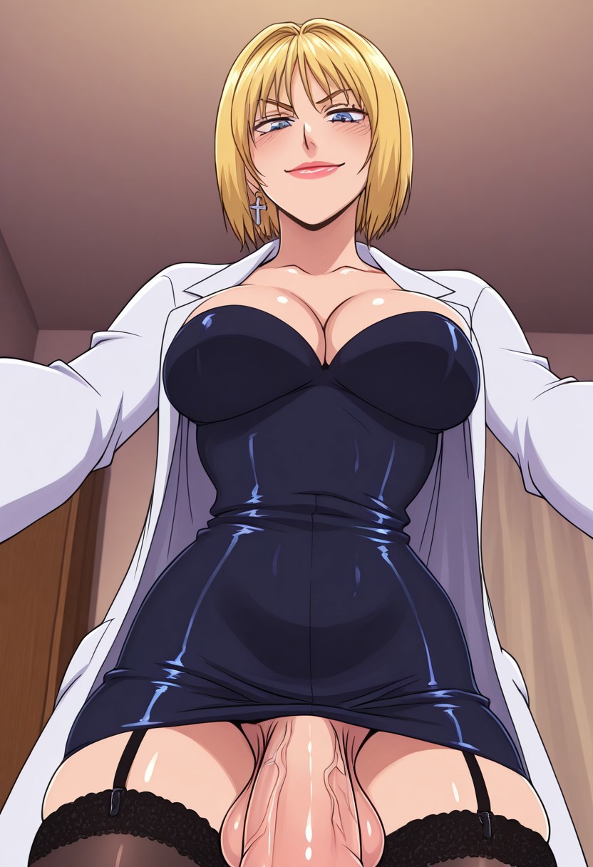 1futa, 2d, ai generated, bible black, black dress, black latex dress, blonde futa, blonde hair, blondshell, blowjob, blowjob pov, blue eyes, civitai, dress, earrings, fellatio, fellatio pov, from below view, futa only, futanari, garter straps, human, intersex, kitami reika, labcoat, large penis, leather dress, light skin, light-skinned futa, looking at viewer, low-angle view, penis, pov, smile, smiling at viewer, solo, solo futa, taker pov, video game character, video game franchise, white labcoat