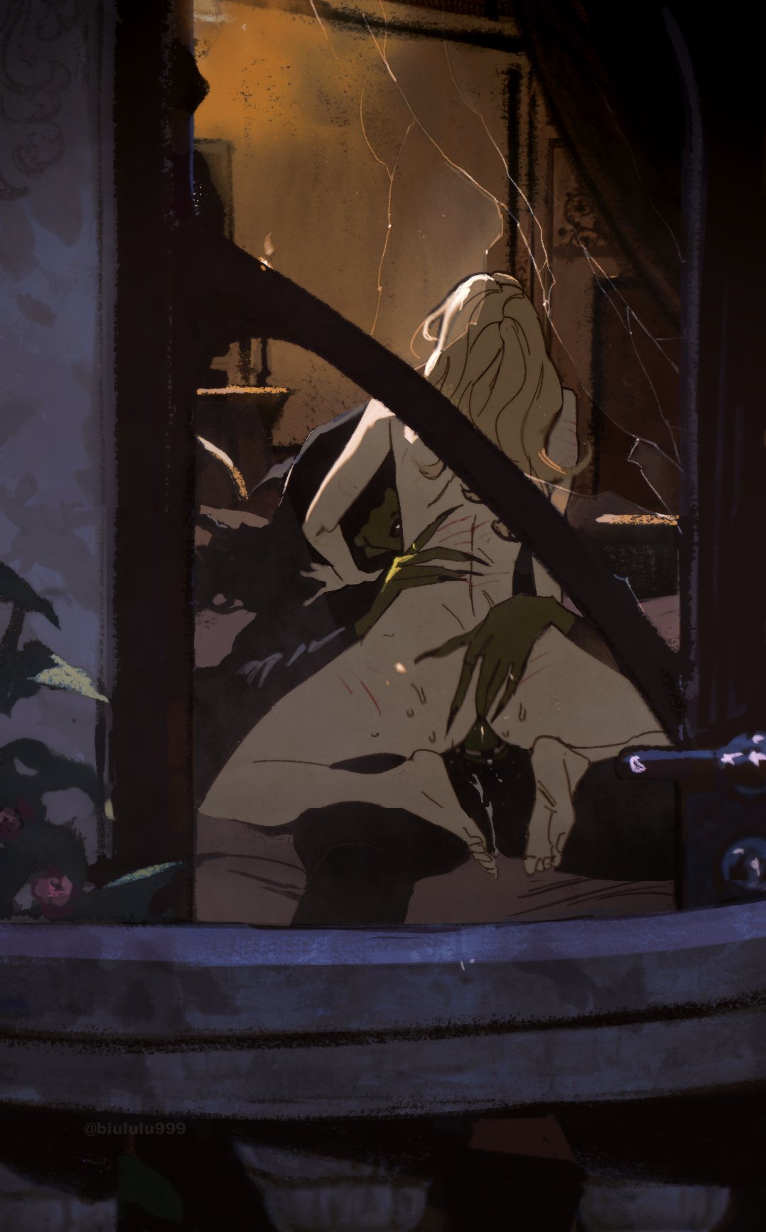 2girls, abs, ass, barefoot, biululu999, breasts, cbb (tuucoo), elphaba, glinda, green skin, lesbian, lesbian sex, nude female, scratch marks, scratches, strap-on, wicked, window, yuri