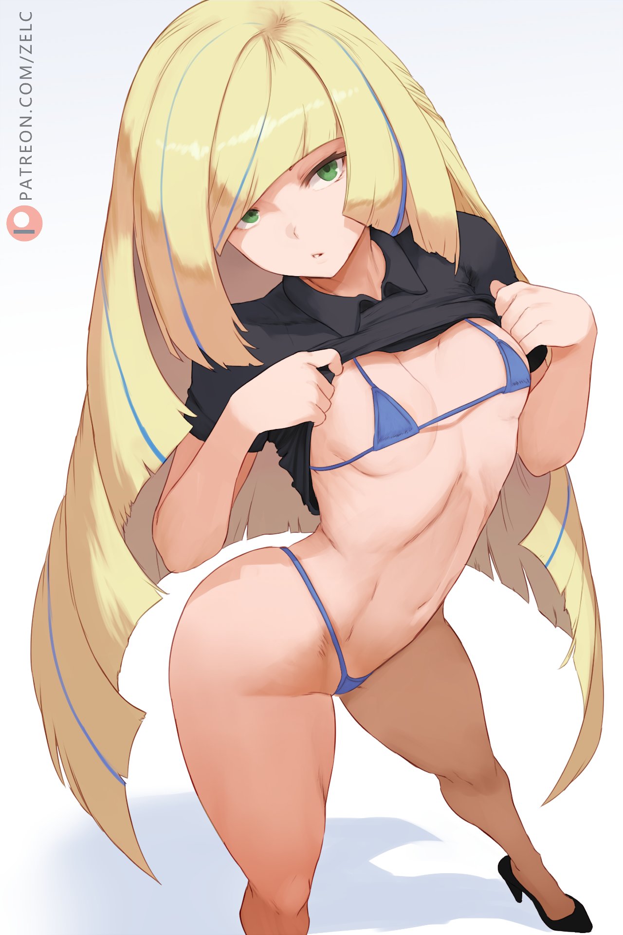1girls bikini bikini_bottom bikini_top black_shirt blonde_hair blue_bikini bottomwear breasts cleavage female female_only footwear full_body game_freak green_eyes hair heels high_heels hips legs long_hair lusamine_(pokemon) mature mature_female mature_woman micro_bikini milf mother pokemon pokemon_sm shirt shirt_lift small_breasts solo solo_female swimwear thighs topwear very_long_hair wide_hips zelc-face
