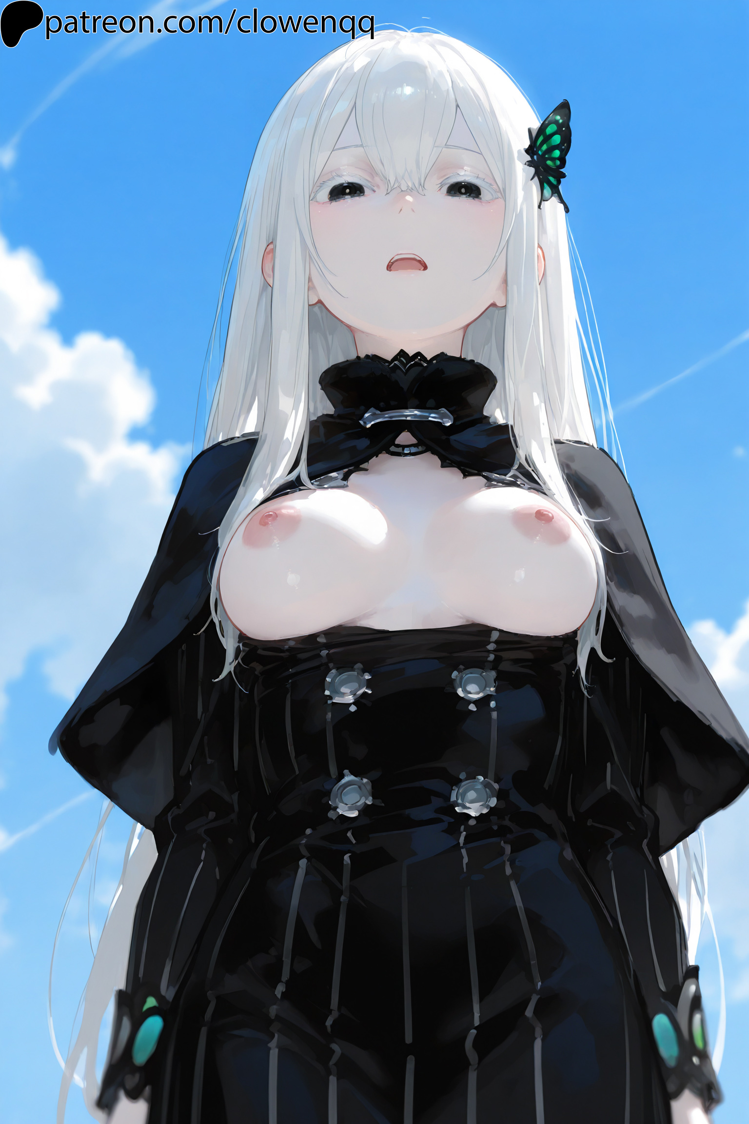 1girls, ai assisted, ai generated, areola, areolae, black dress, breasts, clouds, clowenqq, dress, echidna (re:zero), exposed breasts, female, female focus, female only, from below, light skin, light-skinned female, long hair, looking at viewer, looking down, nipples, no bra, open mouth, pale skin, pale-skinned female, re:zero kara hajimeru isekai seikatsu, sky, solo, solo female, solo focus, stable diffusion, standing, uncensored, white hair