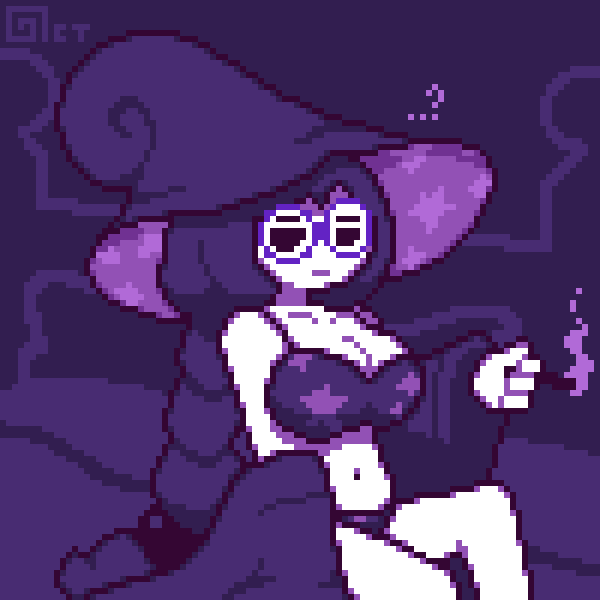 1girls :| bed bedroom black_eyes bra braid cigarette clothing female female_only glasses limited_palette lingerie long_hair mob_face navel octotron2000 pixel_art purple_hair robe self_upload sitting sitting_on_bed smoking solo solo_female star stars underwear white_body witch witch_hat