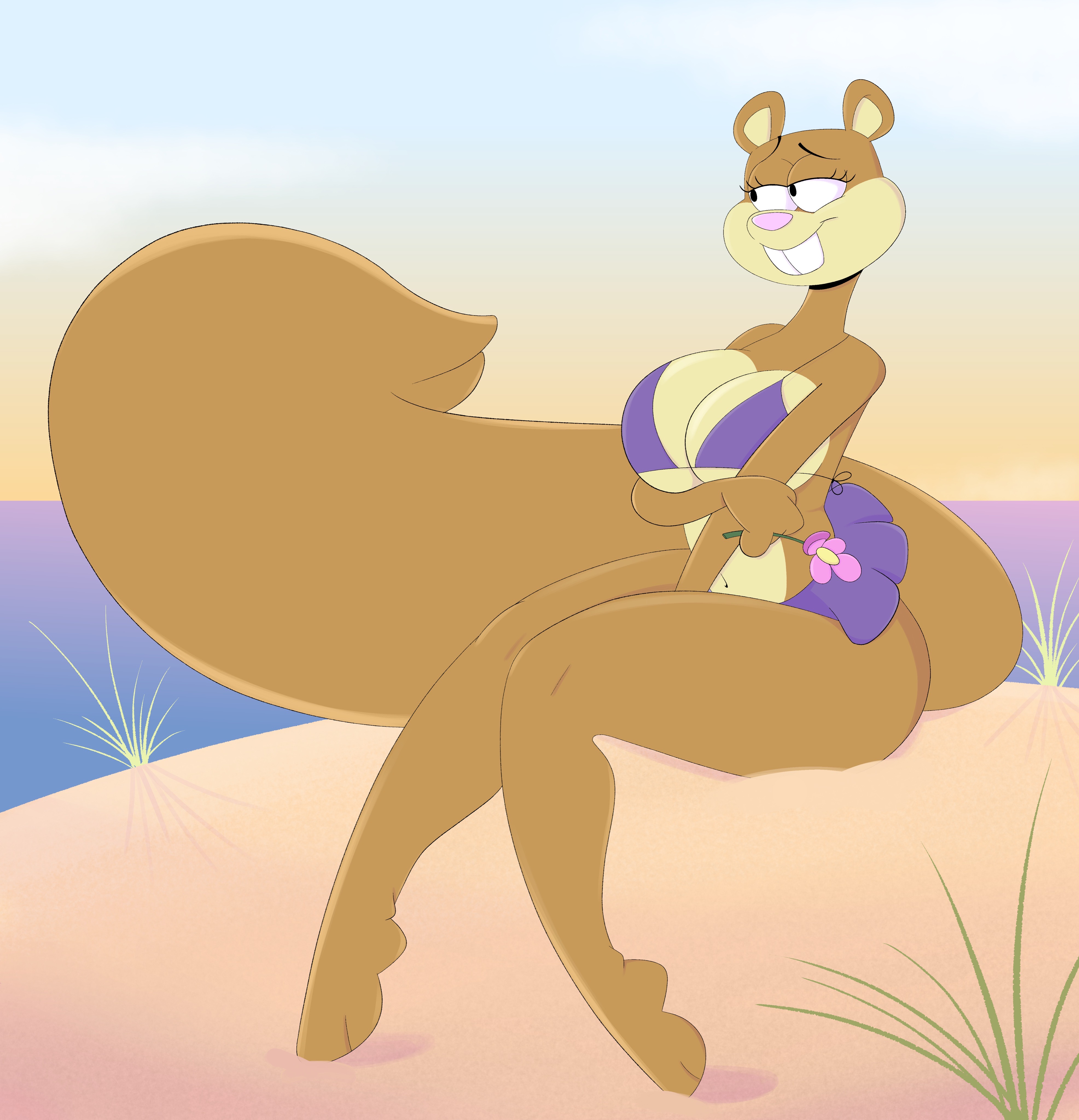 beach, bikini, breasts, cleavage, female, miniskirt, nickelodeon, pinup, purple bikini, sandy cheeks, spongebob squarepants, tempson, wide hips