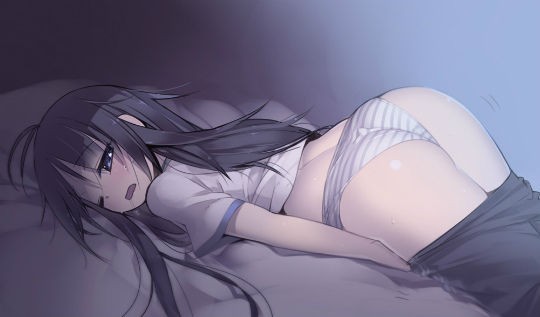 1girls, antenna hair, ass, black hair, blue eyes, blush, female, female masturbation, female only, kashiwamochi yomogi, lying, masturbation, on bed, on stomach, one eye closed, original, saliva, solo, striped panties, sweat, underwear
