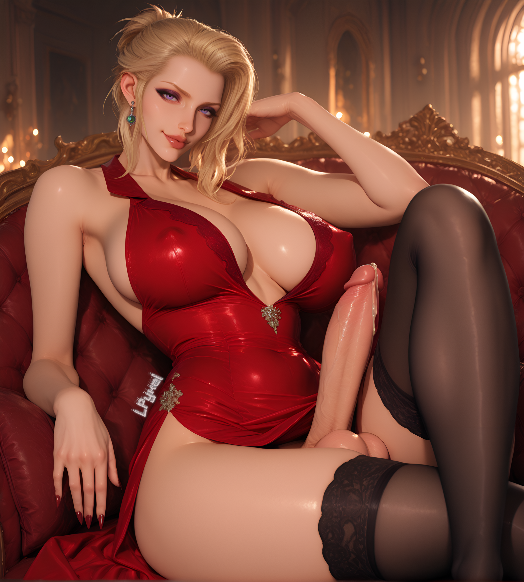 1futa, ai generated, balls, big balls, big breasts, big penis, blonde hair, blue eyes, breasts, cleavage, club shaped penis, crossed legs, dress, earrings, elegant, elegant dress, elegant room, erect nipples, erect penis, erection, female, final fantasy, final fantasy vii, final fantasy vii remake, futa milf, futa only, futanari, gown, hair bun, hand on head, hi res, highres, huge cock, intersex, leaning back, legs crossed, looking at viewer, lpyxel, milf, milf futa, nipple bulge, nipples, penis, precum, precum drip, purple eyes, red nails, scarlet (ffvii), self upload, short hair, sideboob, sitting, smile, smirk, sofa, stockings, watermark