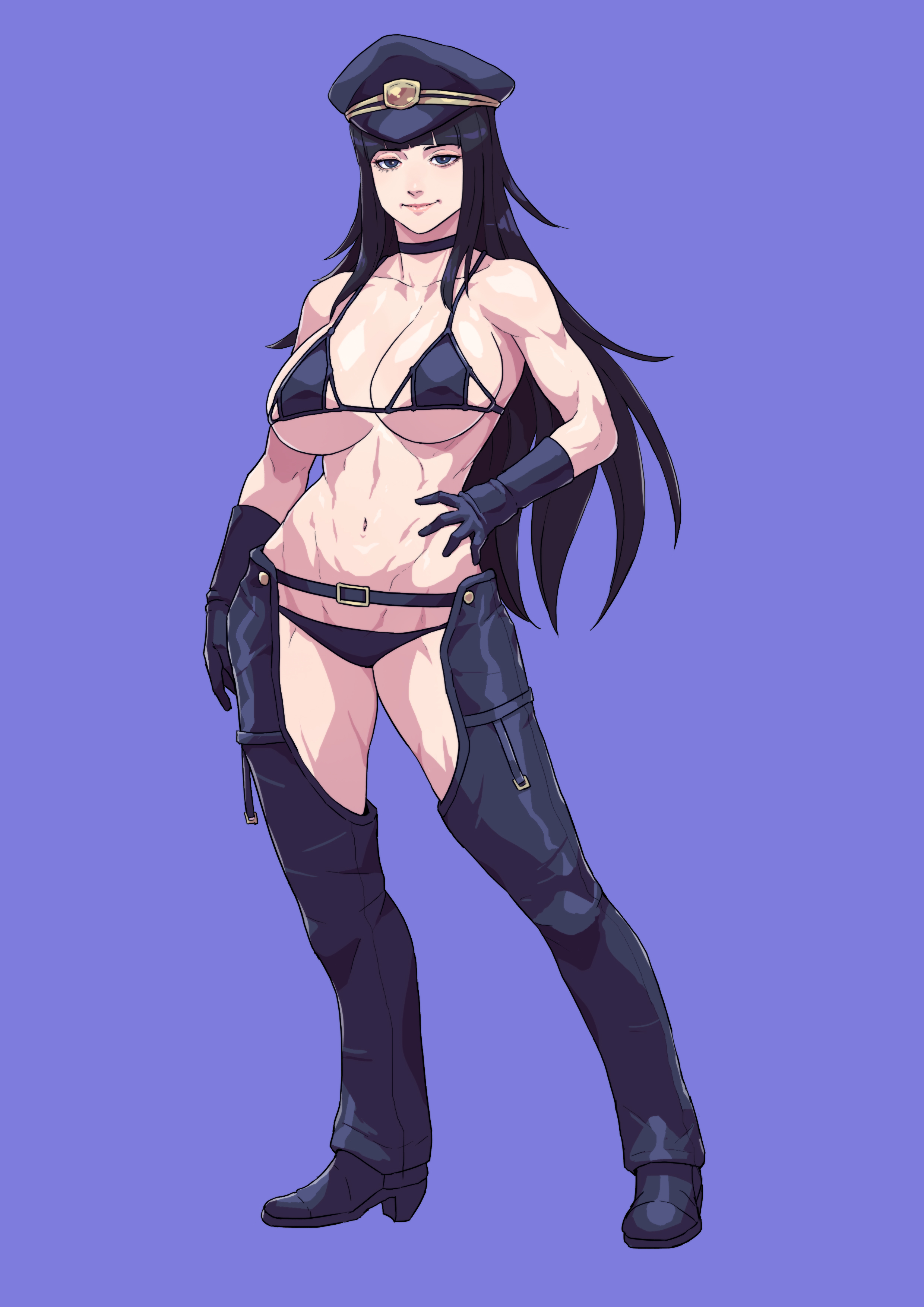 absurd res, alluring, athletic female, big breasts, bikini, black bikini, black boots, black choker, black gloves, black hair, blue eyes, blunt bangs, boots, bra, breasts, choker, cirenk, cleavage, cowboy boots, female, female abs, female focus, fire emblem, fire emblem awakening, fire emblem warriors, fit female, full body, gloves, half-closed eyes, hand on own hip, hat, high res, intelligent systems, long hair, looking at viewer, matching hair/eyes, micro bikini, milf, military hat, nintendo, police hat, purple background, simple background, smile, solo, standing, stomach, swimsuit, tharja, tharja (fire emblem), thighs, under boob, underwear, very long hair