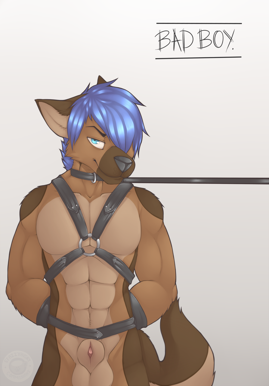 1boy abs anthro balls biceps black_nose blue_eyes blue_hair bondage bondage_gear bound brown_fur canine collar front_view fur german_shepherd grin hair leash looking_at_viewer male male_only mammal manly muscles nude pecs penis penis_tip sheath smile solo spazzyhusky standing toned wolf