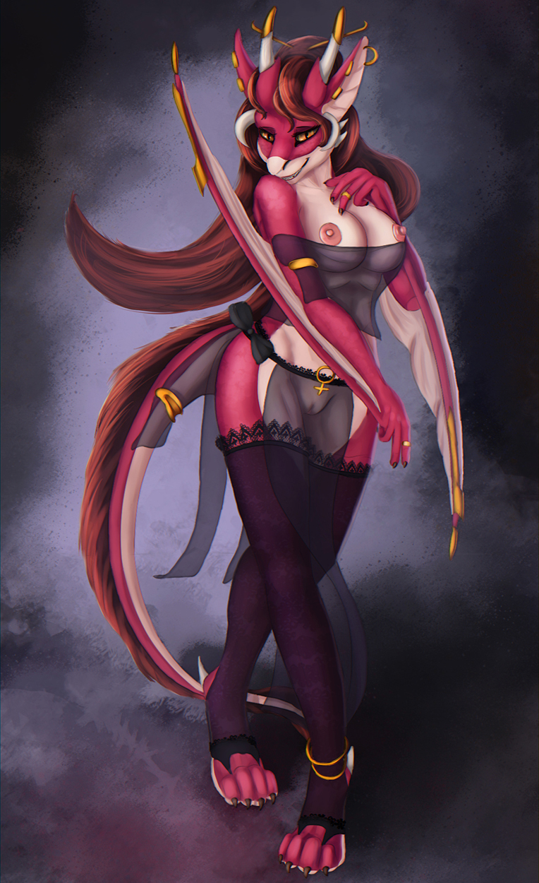 2014 abstract_background anthro anthro_only breasts claws clothed clothing digitigrade dragon dragoness ear_piercing female furry-specific_piercing harem_outfit horn horn_piercing jewelry legwear looking_at_viewer merrunz nipples piercing pussy scalie skimpy solo stockings tail_jewelry winged_arms wings wyvern