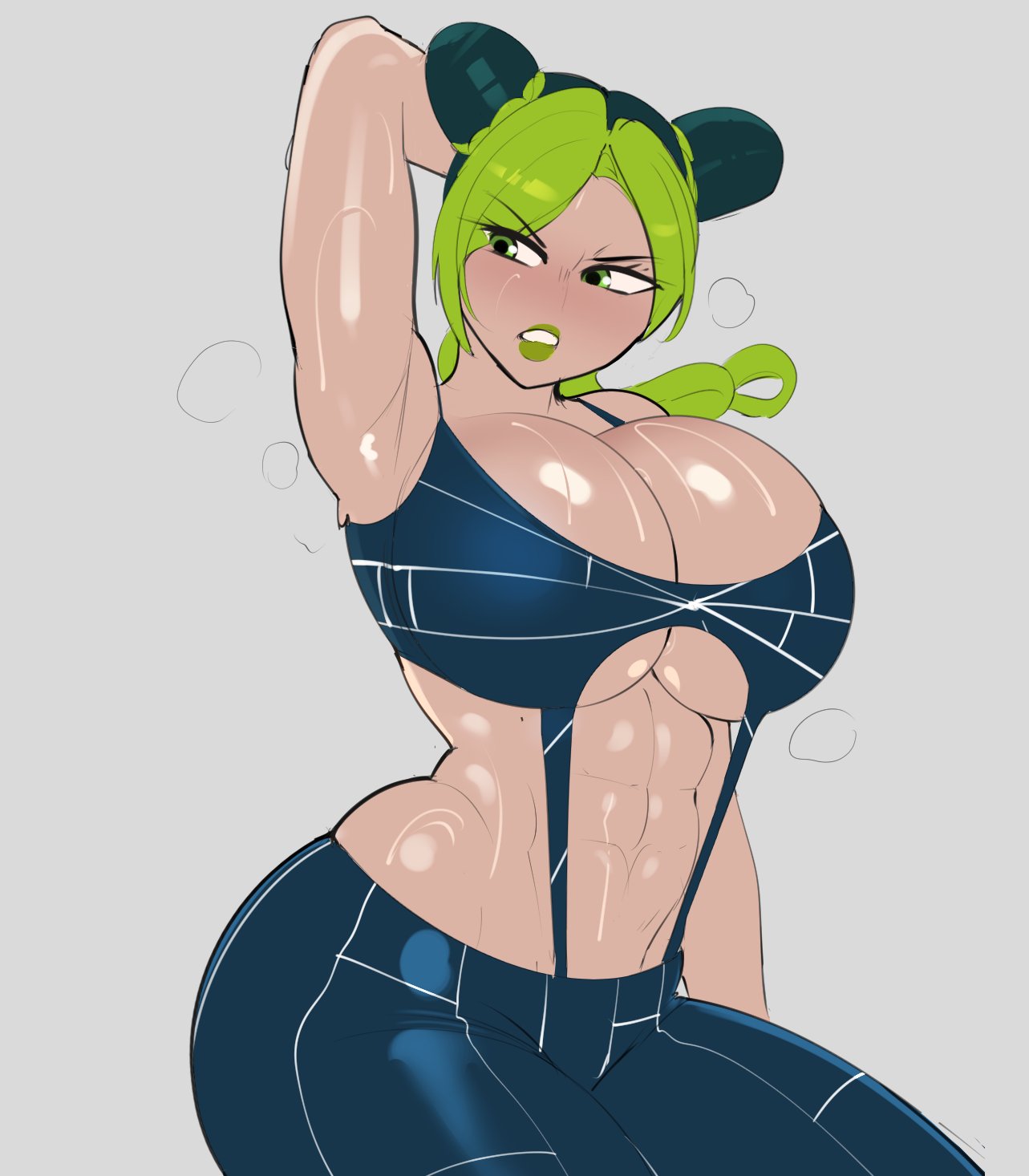1girls, abs, big breasts, breasts, female, female only, g3mma, green hair, green lipstick, jojo's bizarre adventure, jolyne kujo, multicolored hair, muscular, solo, stone ocean, sweat