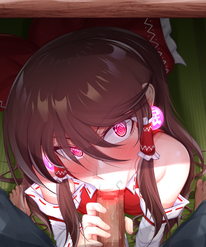 @ @, 1boy, 1girls, amazuka muen, breasts, brown hair, censored, censored penis, dubious consent, fat man, fellatio, fellatio under table, female, glowing eyes, hypnosis, looking at viewer, male, mind break, mind control, oral sex, penis, pov, pubic hair in mouth, reimu hakurei, small breasts, stealth fellatio, stealth sex, straight, stray pubic hair, tagme, touhou, under the table