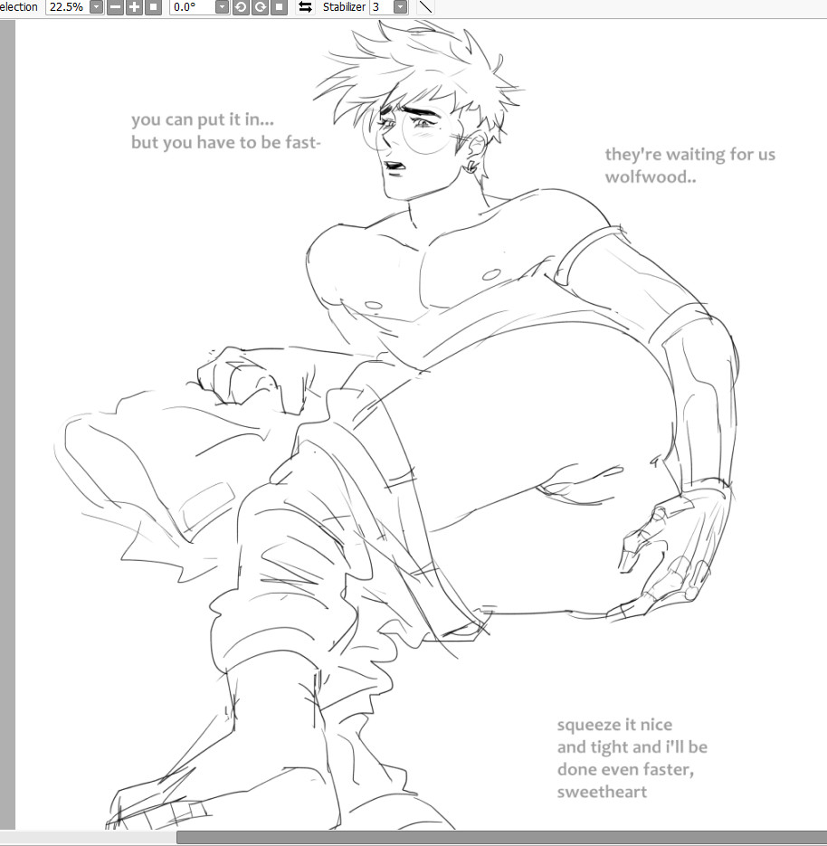 1cuntboy, 2025, anus, ass, cuntboy, cuntboy only, cybernetic arm, cybernetic limb, cybernetics, cyborg, dialogue, digital media (artwork), glasses, intersex, male, miroyuuu, mole, mole under eye, offscreen character, offscreen male, open mouth, pants, pants down, partially clothed, prosthetic, prosthetic arm, pussy, short hair, sketch, solo, solo cuntboy, text, topless, trigun, trigun stampede, vash the stampede, white background