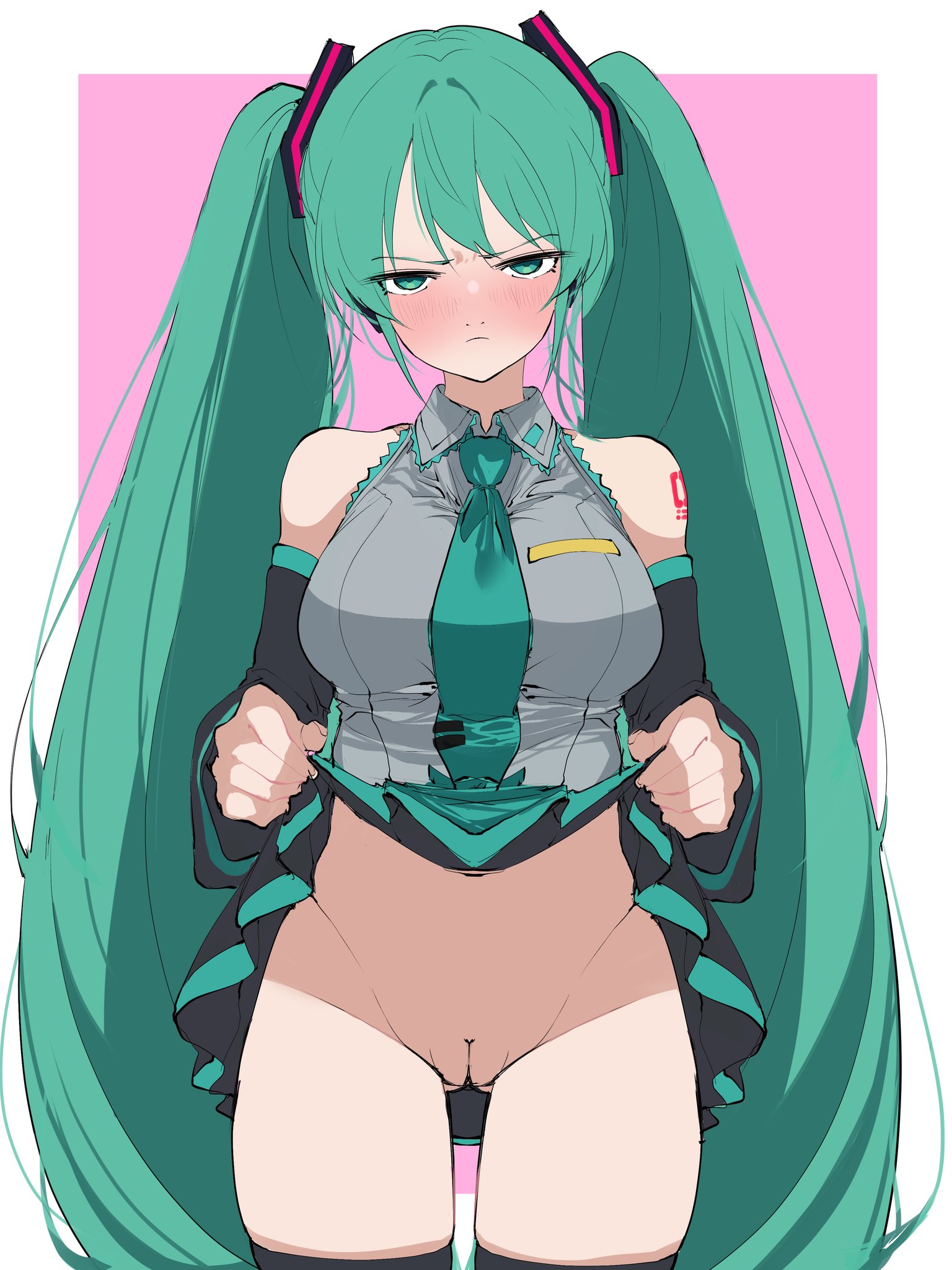 1girl, 1girls, 2025, angry, annoyed, aqua eyes, aqua hair, ass visible through thighs, bangs, bare shoulders, black skirt, black thighhighs, blush, breasts, cleft of venus, closed mouth, clothes lift, cowboy shot, detached sleeves, embarrassed, female, glaring, green eyes, green hair, grey shirt, hatsune miku, large breasts, lifted by self, long hair, looking at viewer, necktie, no panties, pink background, poi y2, pout, pussy, scowl, shirt, simple background, skirt, skirt lift, sleeveless, solo, standing, tagme, tattoo, tattooed arm, teal eyes, teal hair, thighhighs, thighs, twintails, uncensored, very long hair, vocaloid