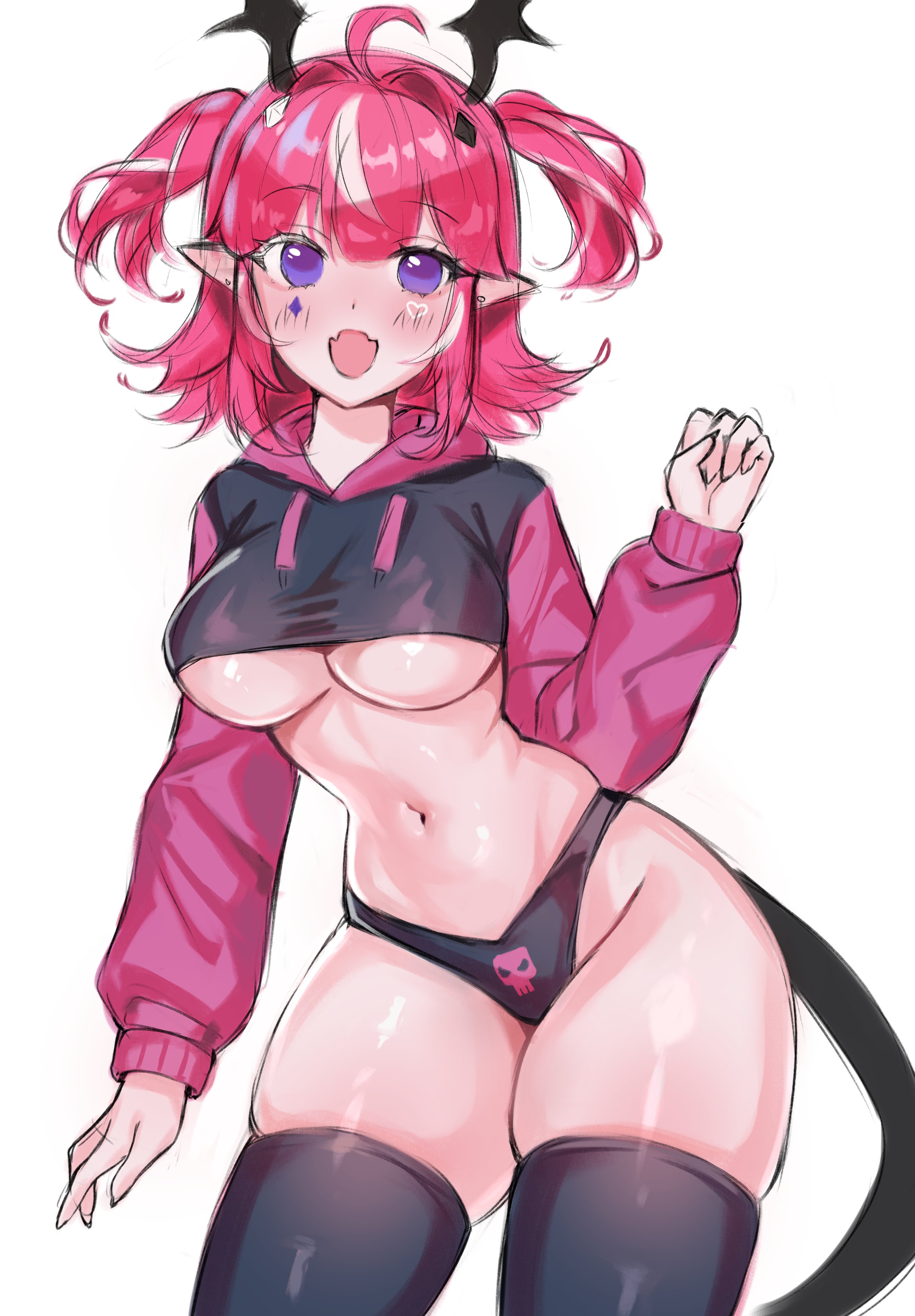 absurd res, bat wings, black panties, black tail, black thighhighs, blush, breasts, camila (vtuber), cropped jacket, earrings, female, high res, hood, hoodie, indie virtual youtuber, jewelry, large breasts, multicolored hair, nanachiiiuwu (artist), paggi outfit, panties, pink hair, pink hoodie, pointy ears, skull panties, streaked hair, thighhighs, underboob, underwear, virtual youtuber, wings