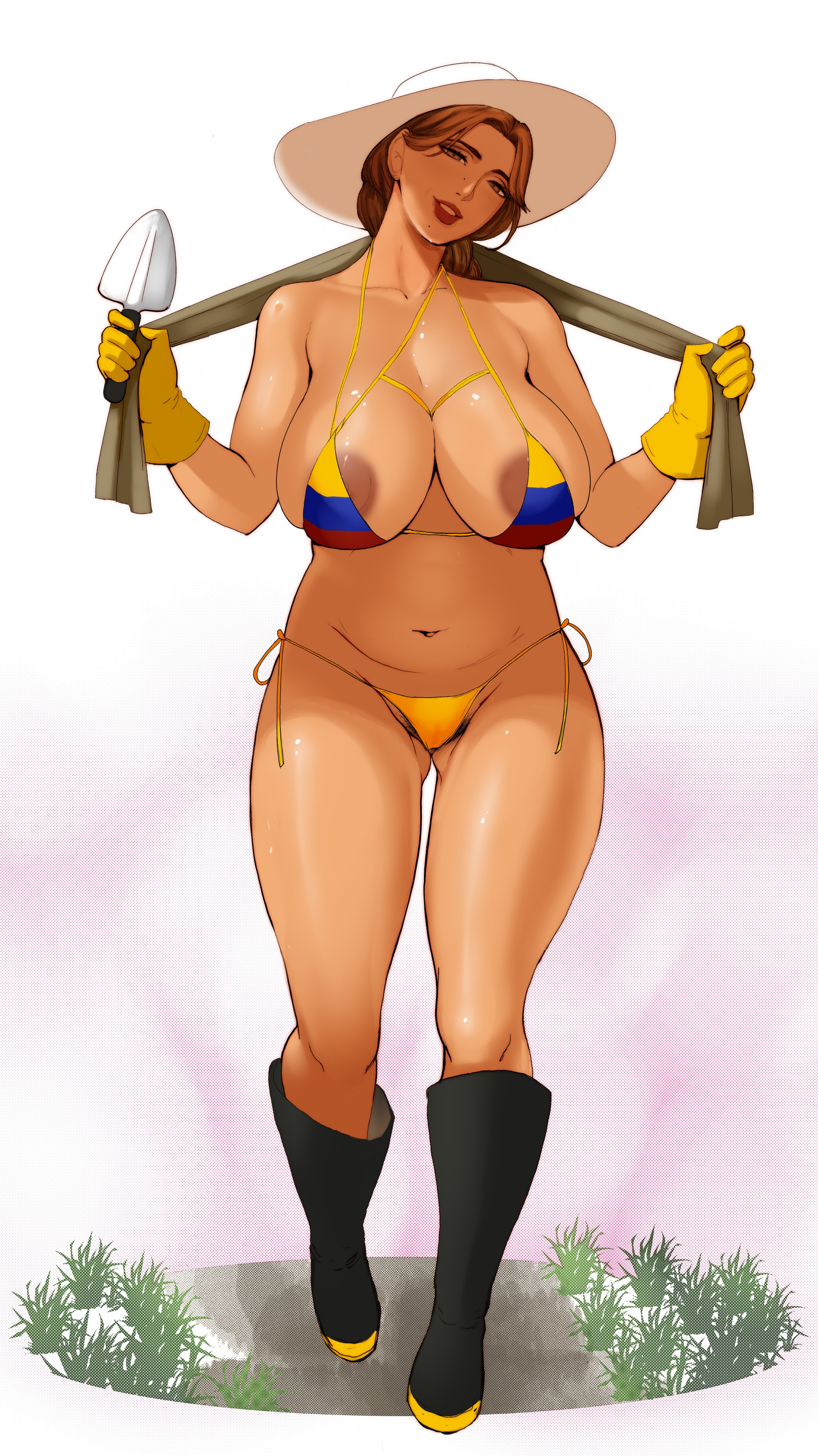 big areola, big breasts, big thighs, bikini, breasts, brown skin, brown skinned female, busty, colombian, colombian female, colombian flag, colombian flag bikini, dark aerola, farmgirl, female, garden, gardener, gardening, gardening gloves, gardening tools, glossy, glossy body, glossy skin, hispanic, hispanic female, jnsdh, large areolae, large breasts, large thighs, latina, latina female, latina milf, milf, pubic hair, pubic hair peek, sweaty, swimsuit, tan body, tan skin, thick, thick hips, thick thighs, two-piece swimsuit, yellow bikini