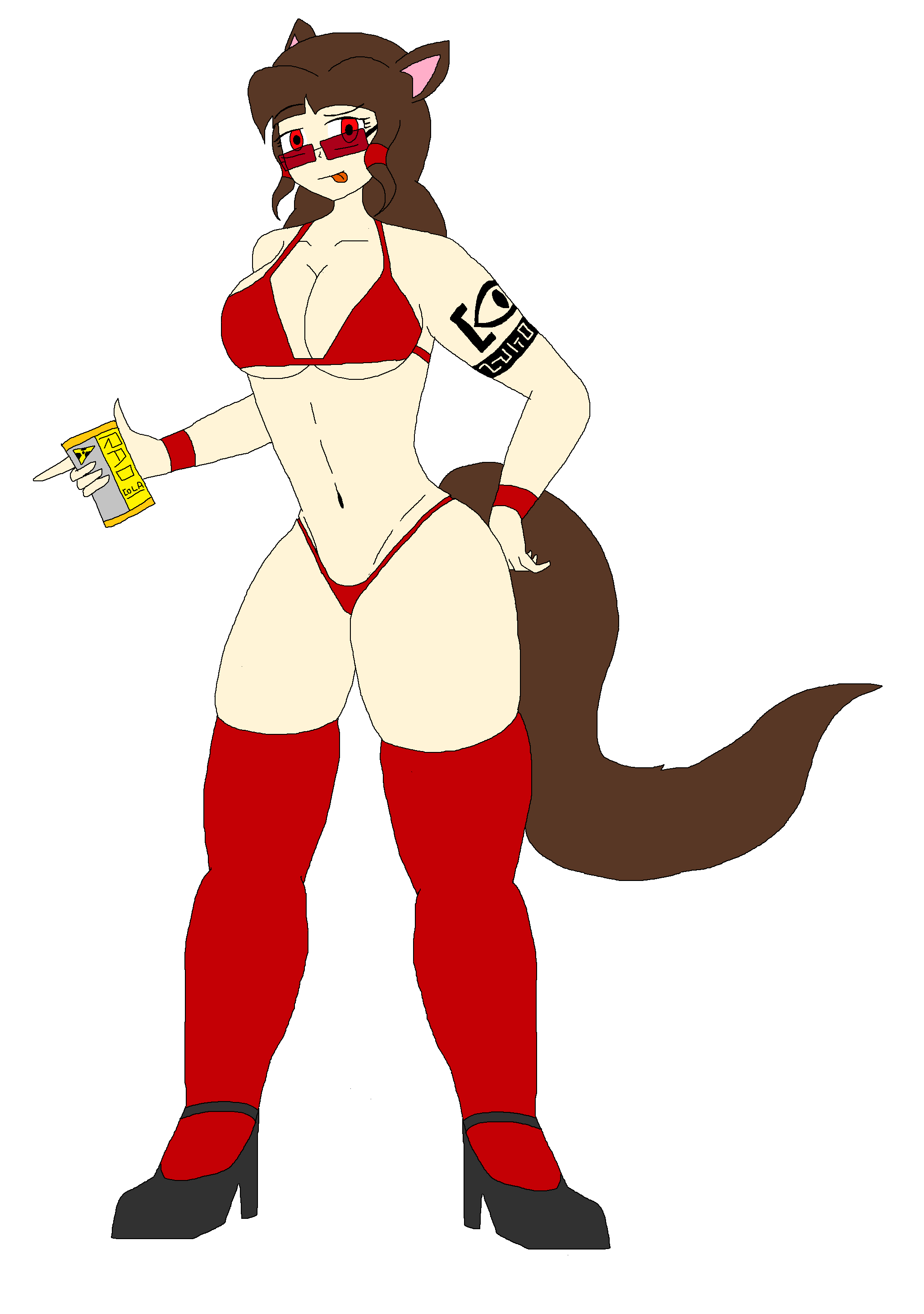 1girls background big_breasts bikini brandonvortex_(artist) breasts cat_ears drink female glasses high_heels red_bikini red_eyes red_stockings solo sunglasses tail tattooed_arm white_background